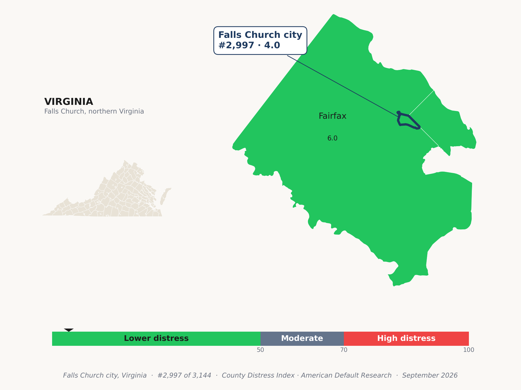 County Distress Index cluster map. Falls Church city, Virginia and its neighbors colored by county distress score label.