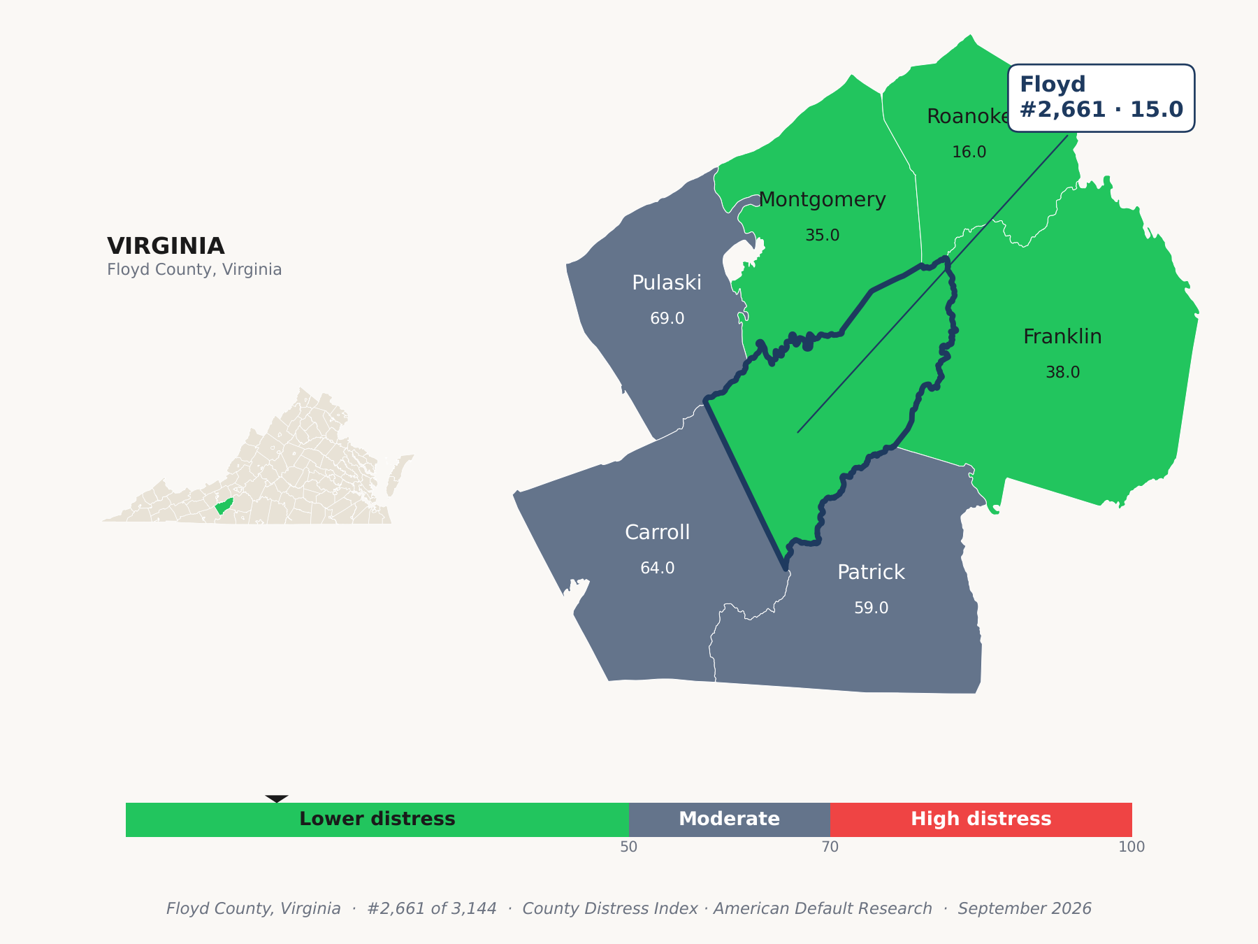 County Distress Index cluster map. Floyd County, Virginia and its neighbors colored by county distress score label.