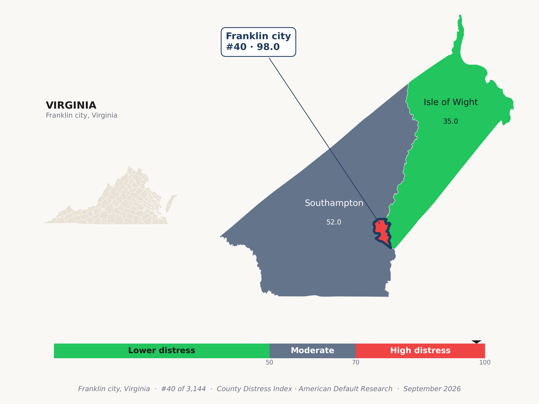 County Distress Index cluster map. Franklin city, Virginia and its neighbors colored by county distress score label.