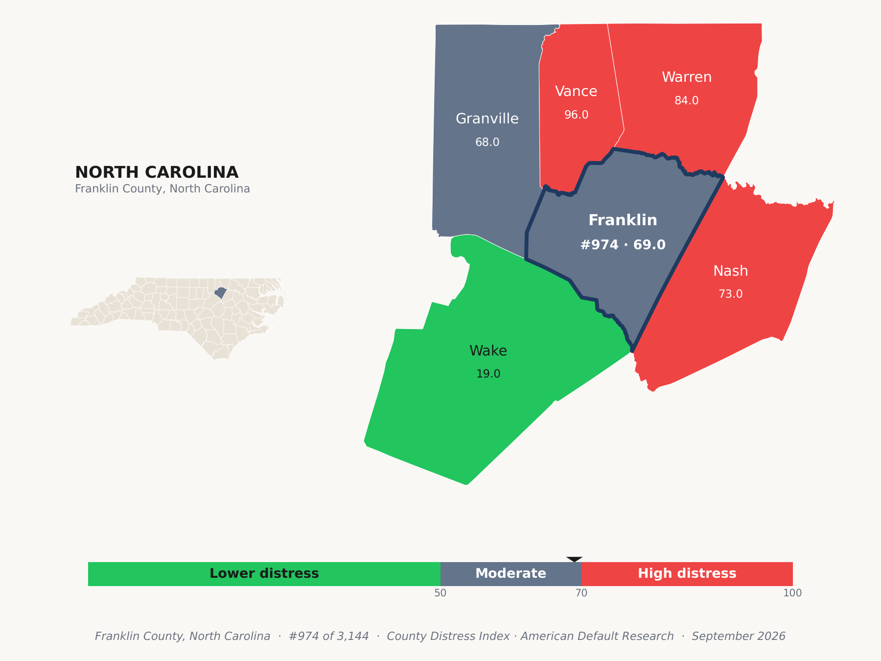 County Distress Index cluster map. Franklin County, North Carolina and its neighbors colored by county distress score label.