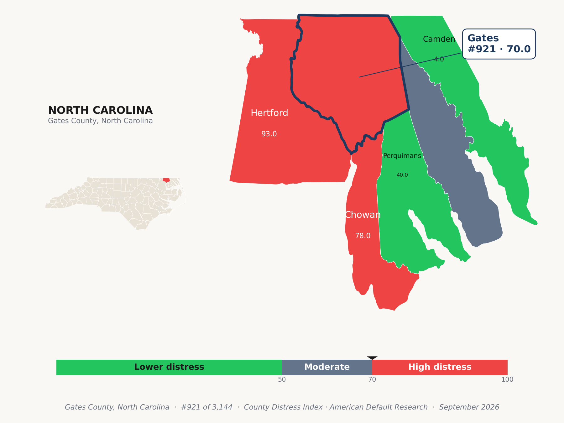 County Distress Index cluster map. Gates County, North Carolina and its neighbors colored by county distress score label.