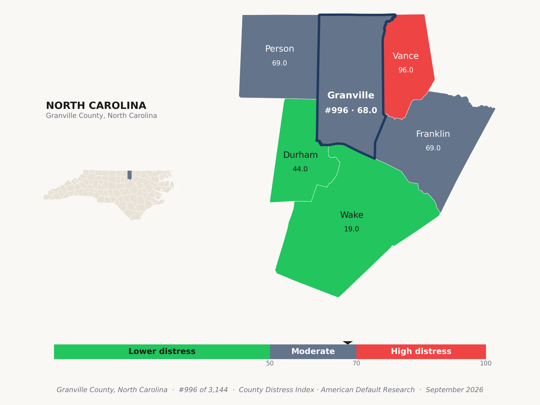 County Distress Index cluster map. Granville County, North Carolina and its neighbors colored by county distress score label.