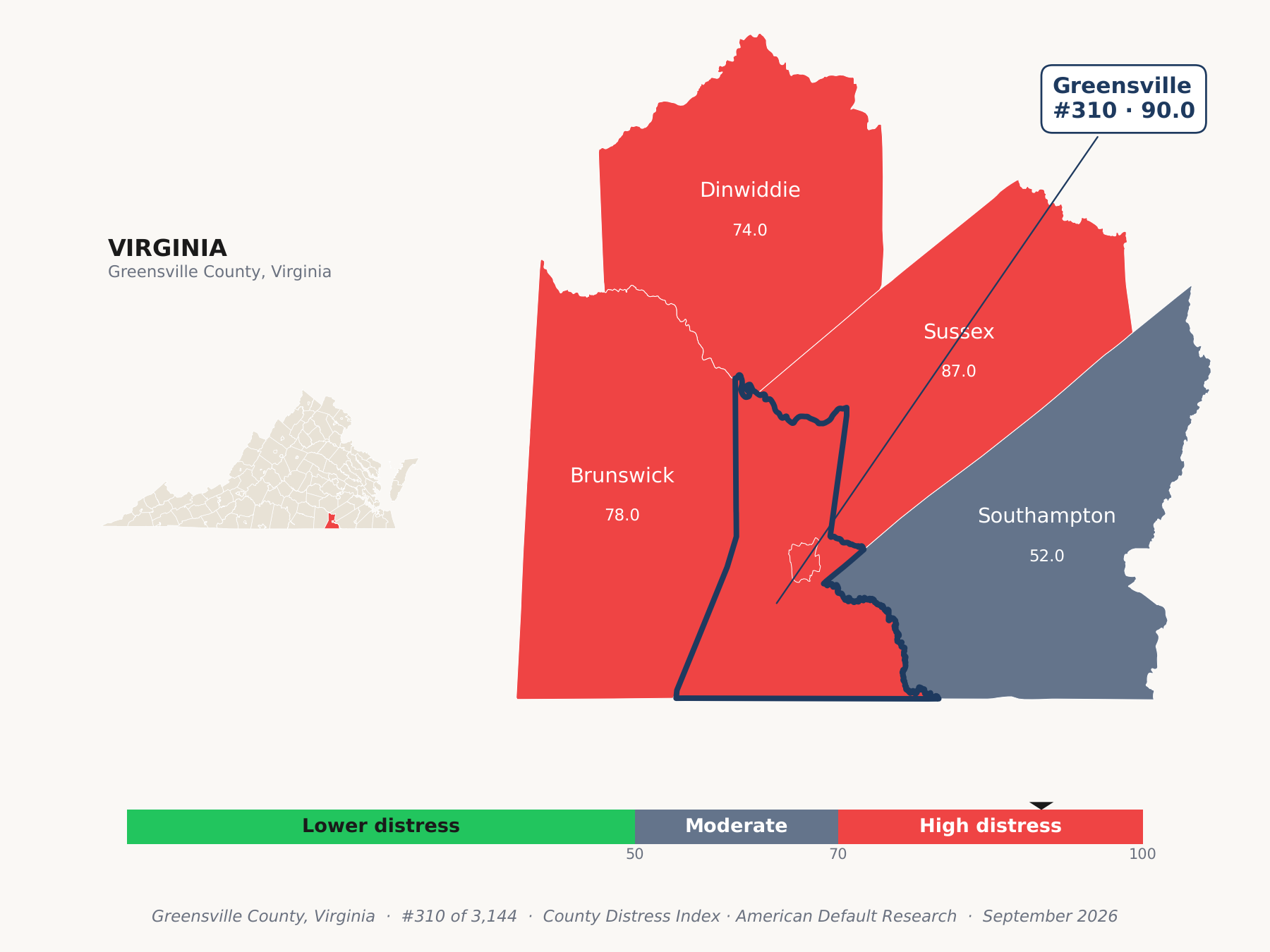 County Distress Index cluster map. Greensville County, Virginia and its neighbors colored by county distress score label.