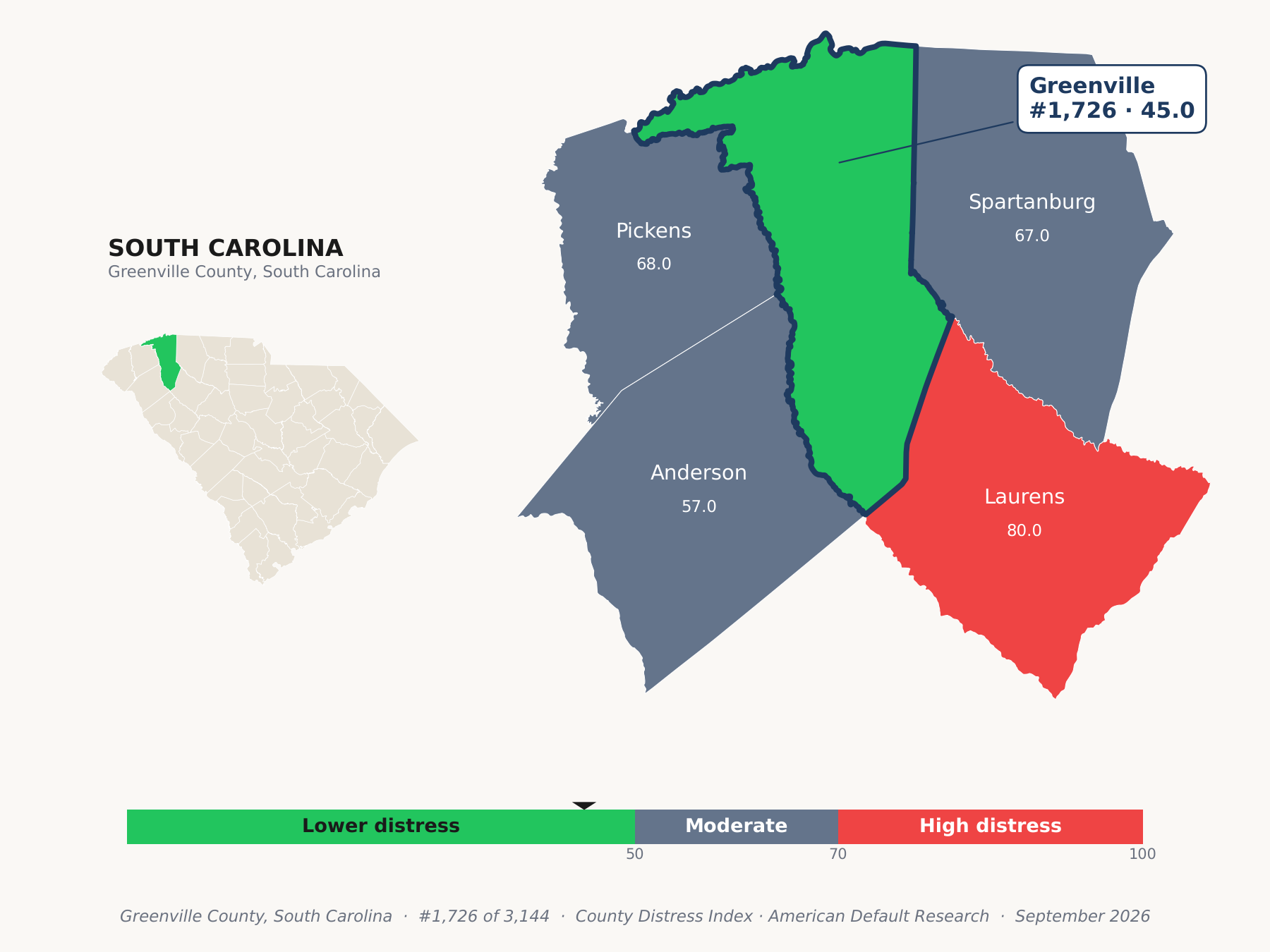 County Distress Index cluster map. Greenville County, South Carolina and its neighbors colored by county distress score label.
