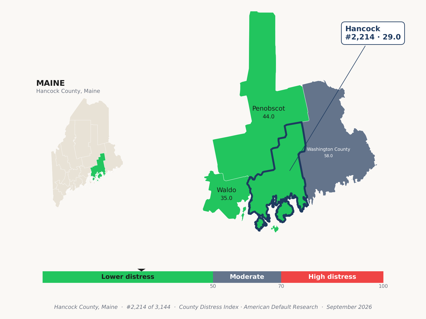 County Distress Index cluster map. Hancock County, Maine and its neighbors colored by county distress score label.