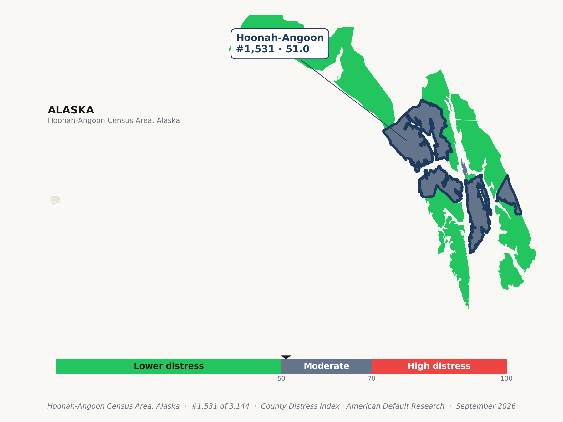 County Distress Index cluster map. Hoonah-Angoon Census Area, Alaska and its neighbors colored by county distress score label.