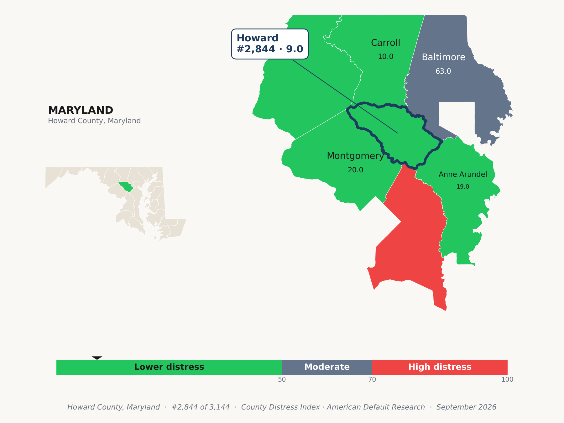 County Distress Index cluster map. Howard County, Maryland and its neighbors colored by county distress score label.
