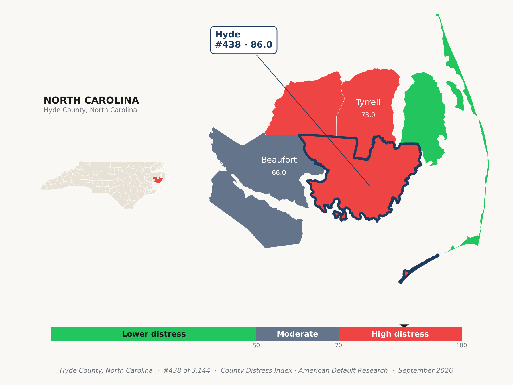 County Distress Index cluster map. Hyde County, North Carolina and its neighbors colored by county distress score label.