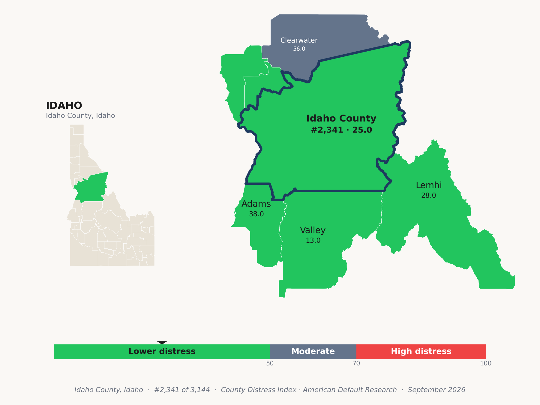 County Distress Index cluster map. Idaho County, Idaho and its neighbors colored by county distress score label.