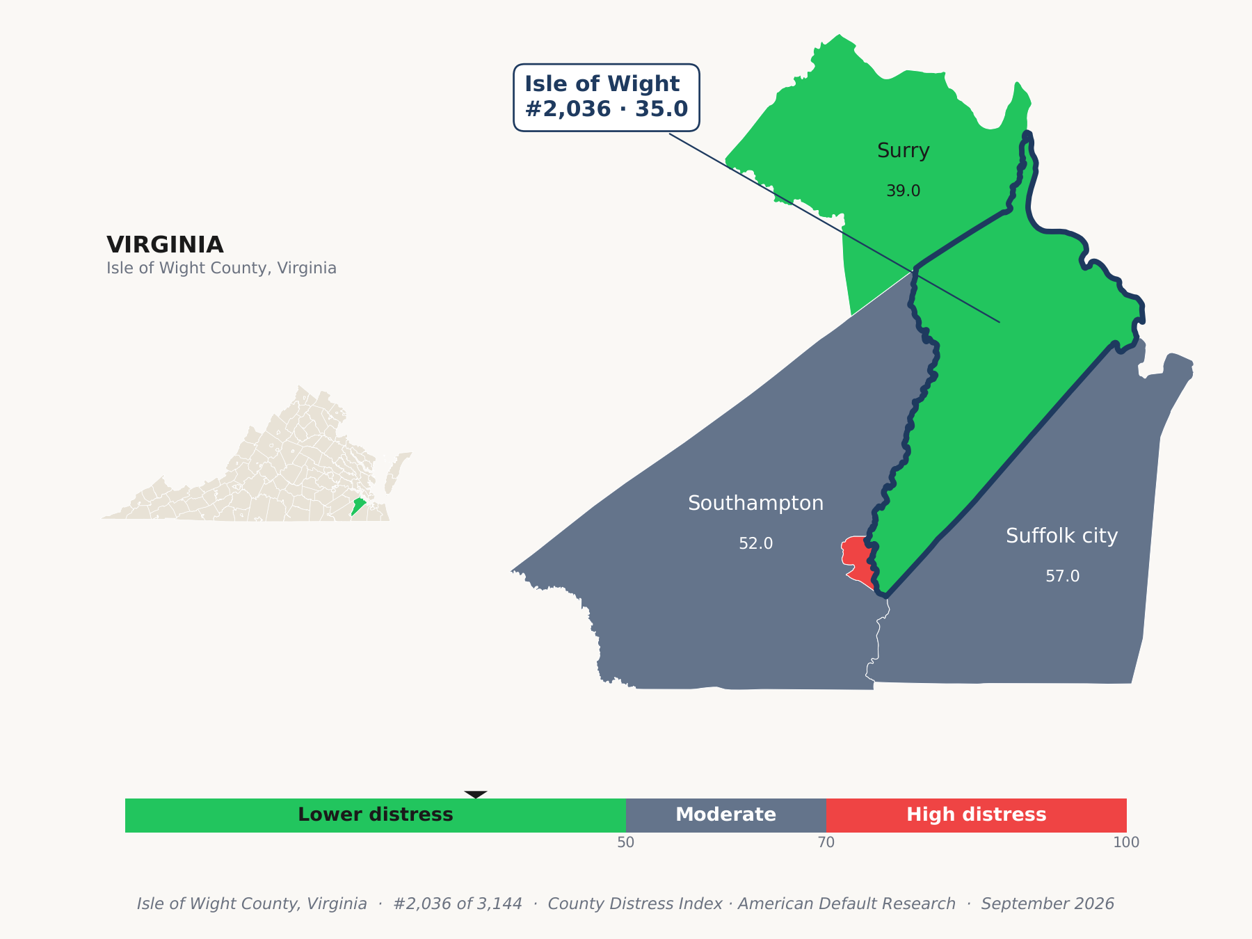 County Distress Index cluster map. Isle of Wight County, Virginia and its neighbors colored by county distress score label.