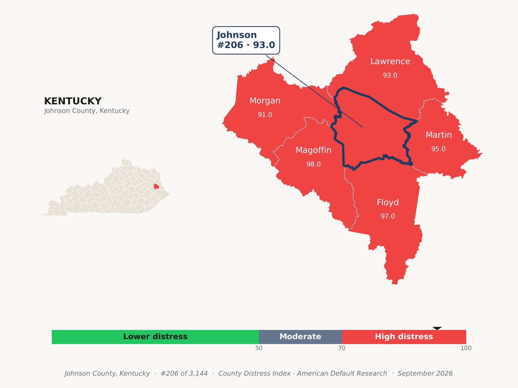 County Distress Index cluster map. Johnson County, Kentucky and its neighbors colored by county distress score label.