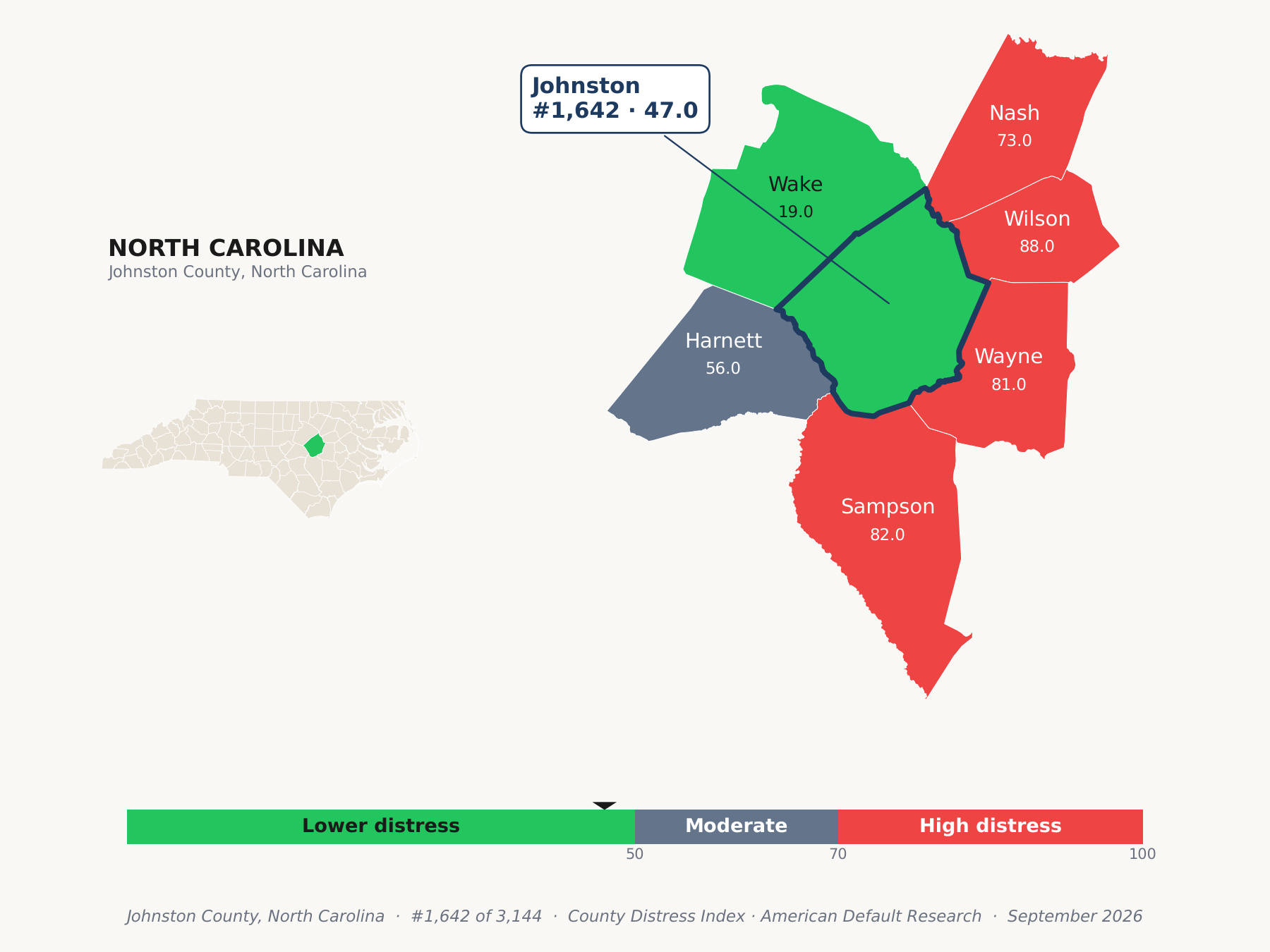 County Distress Index cluster map. Johnston County, North Carolina and its neighbors colored by county distress score label.