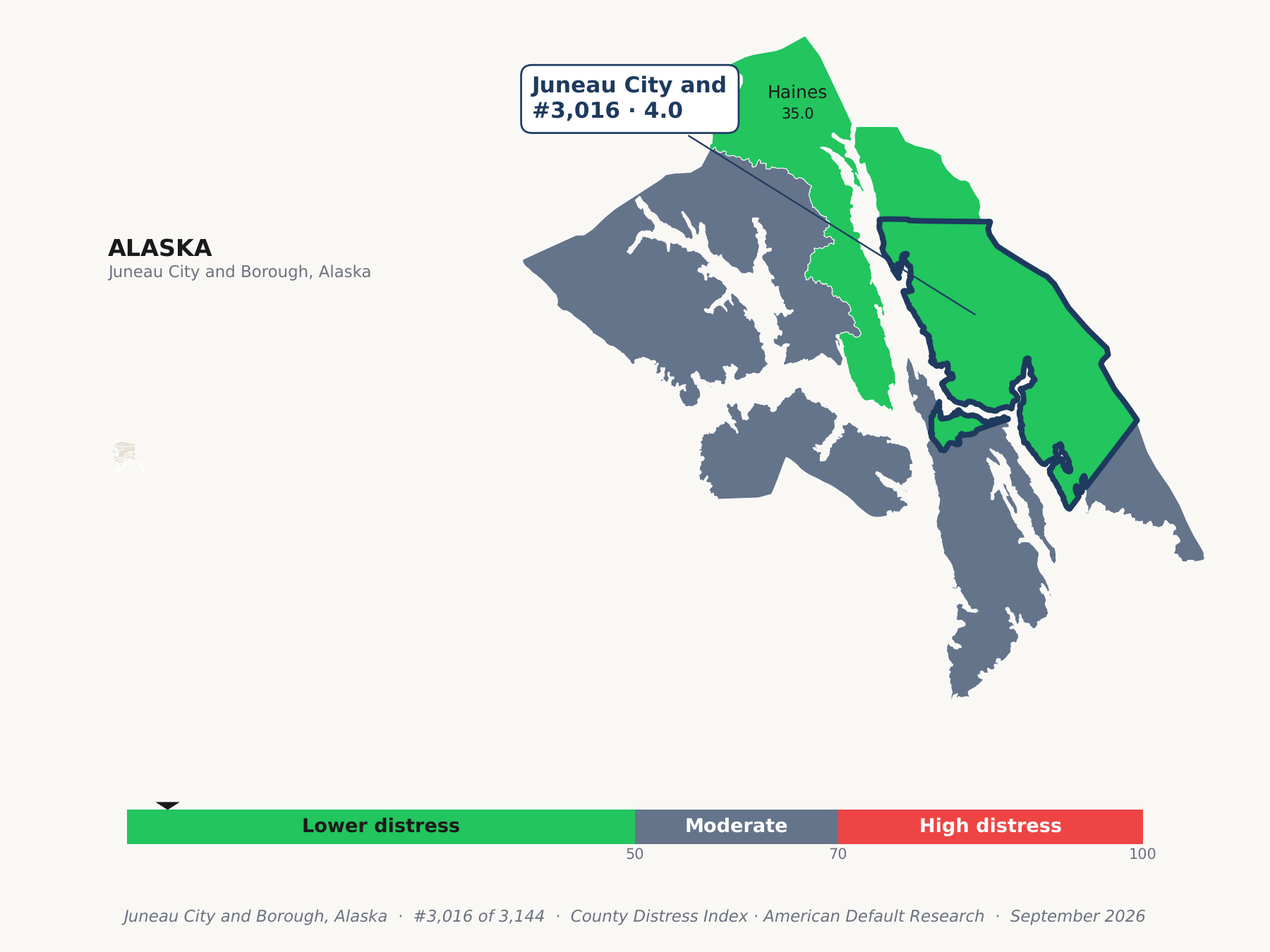 County Distress Index cluster map. Juneau City and Borough, Alaska and its neighbors colored by county distress score label.