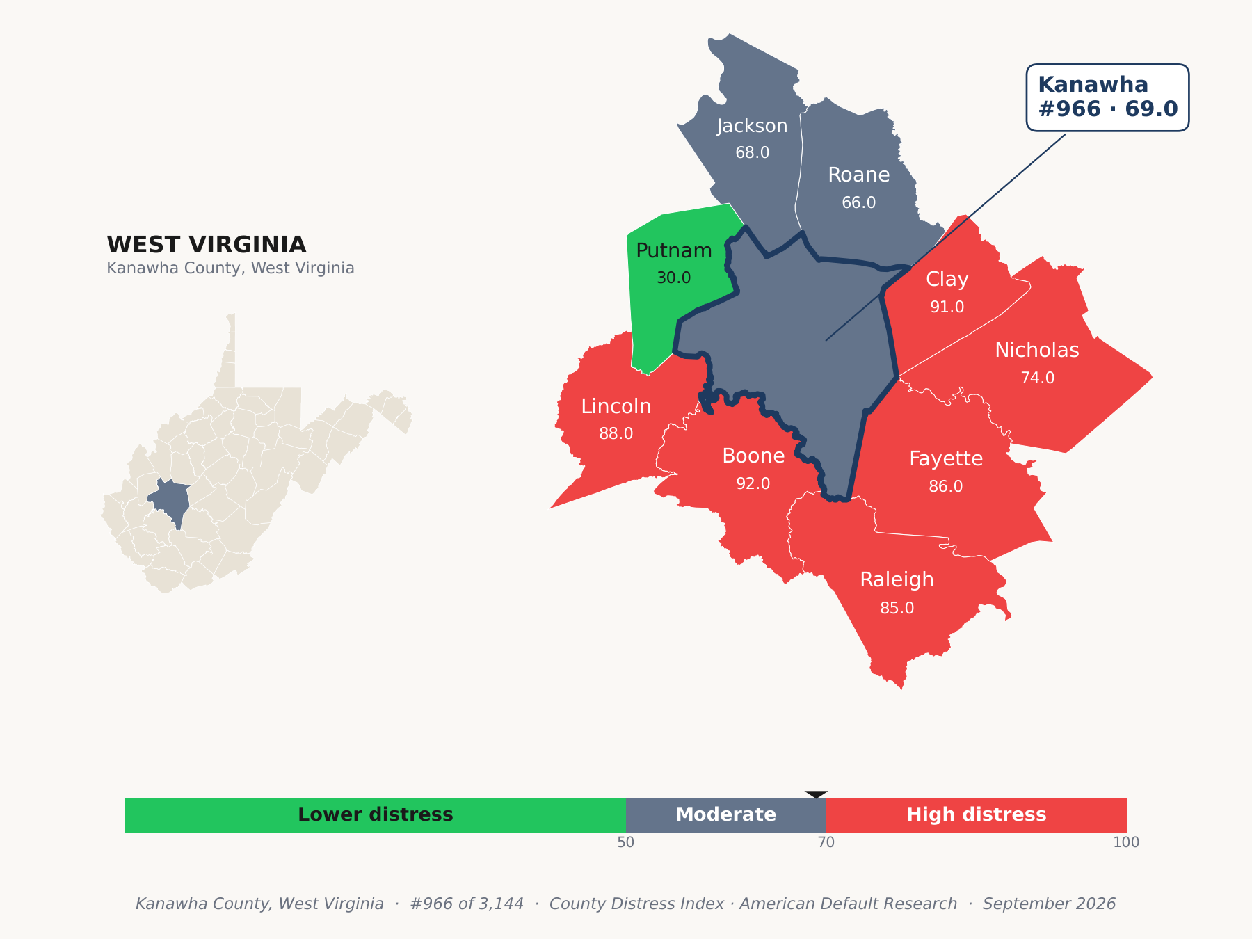 County Distress Index cluster map. Kanawha County, West Virginia and its neighbors colored by county distress score label.