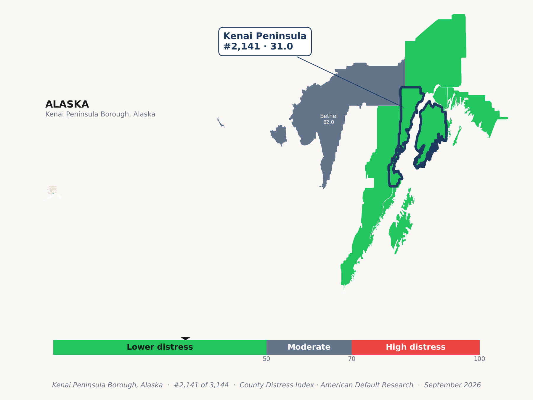 County Distress Index cluster map. Kenai Peninsula Borough, Alaska and its neighbors colored by county distress score label.