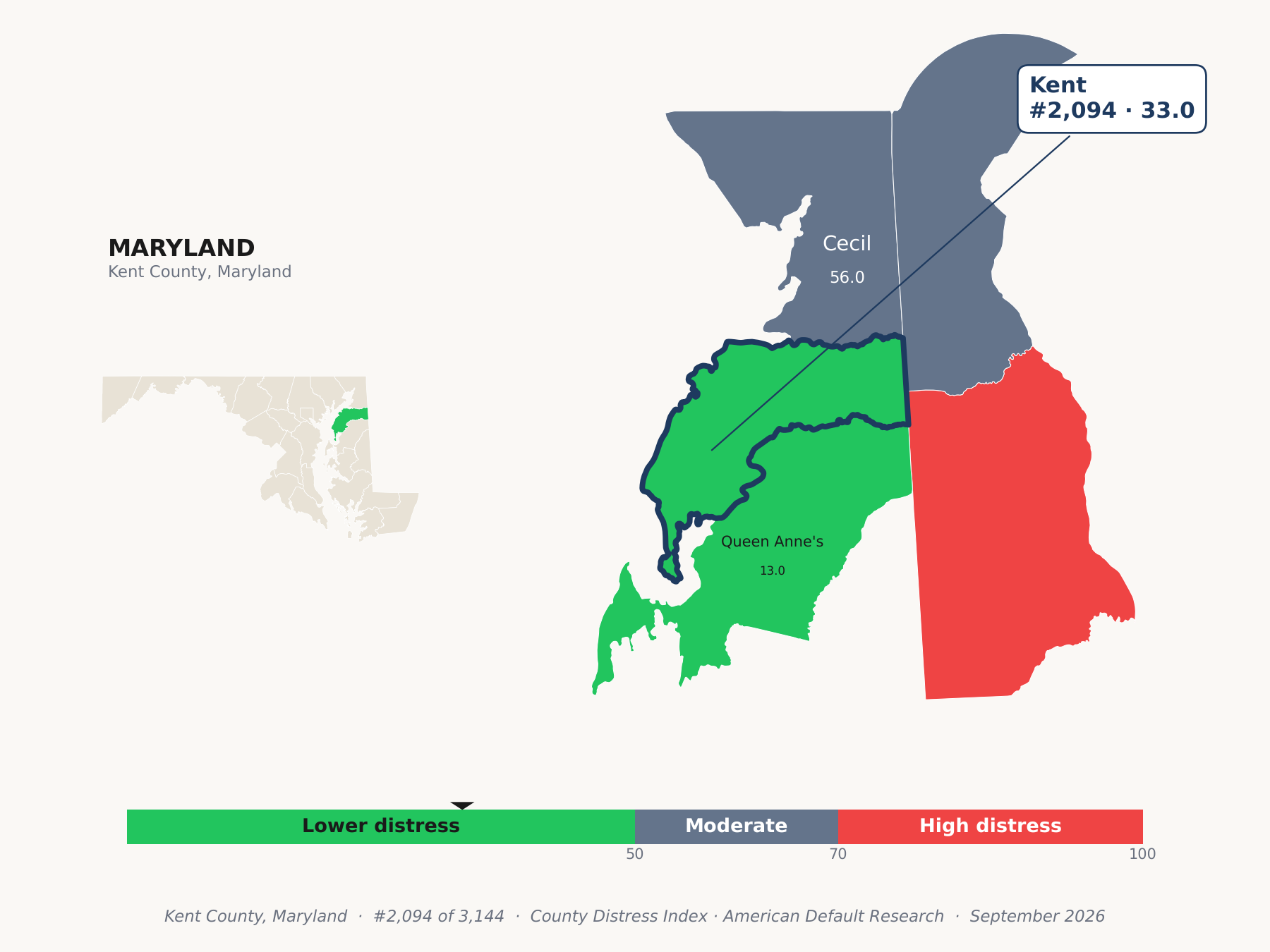 County Distress Index cluster map. Kent County, Maryland and its neighbors colored by county distress score label.
