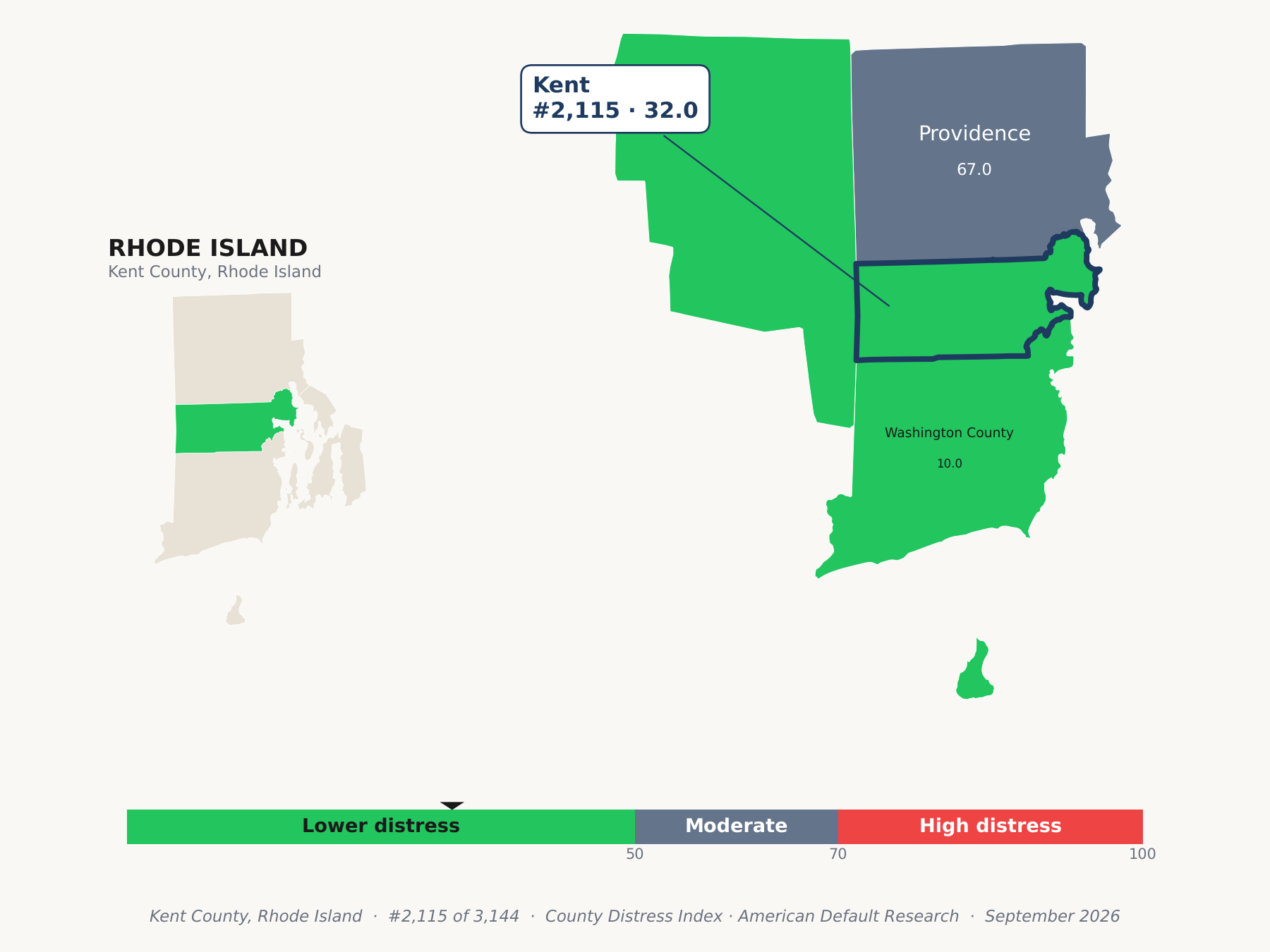 County Distress Index cluster map. Kent County, Rhode Island and its neighbors colored by county distress score label.