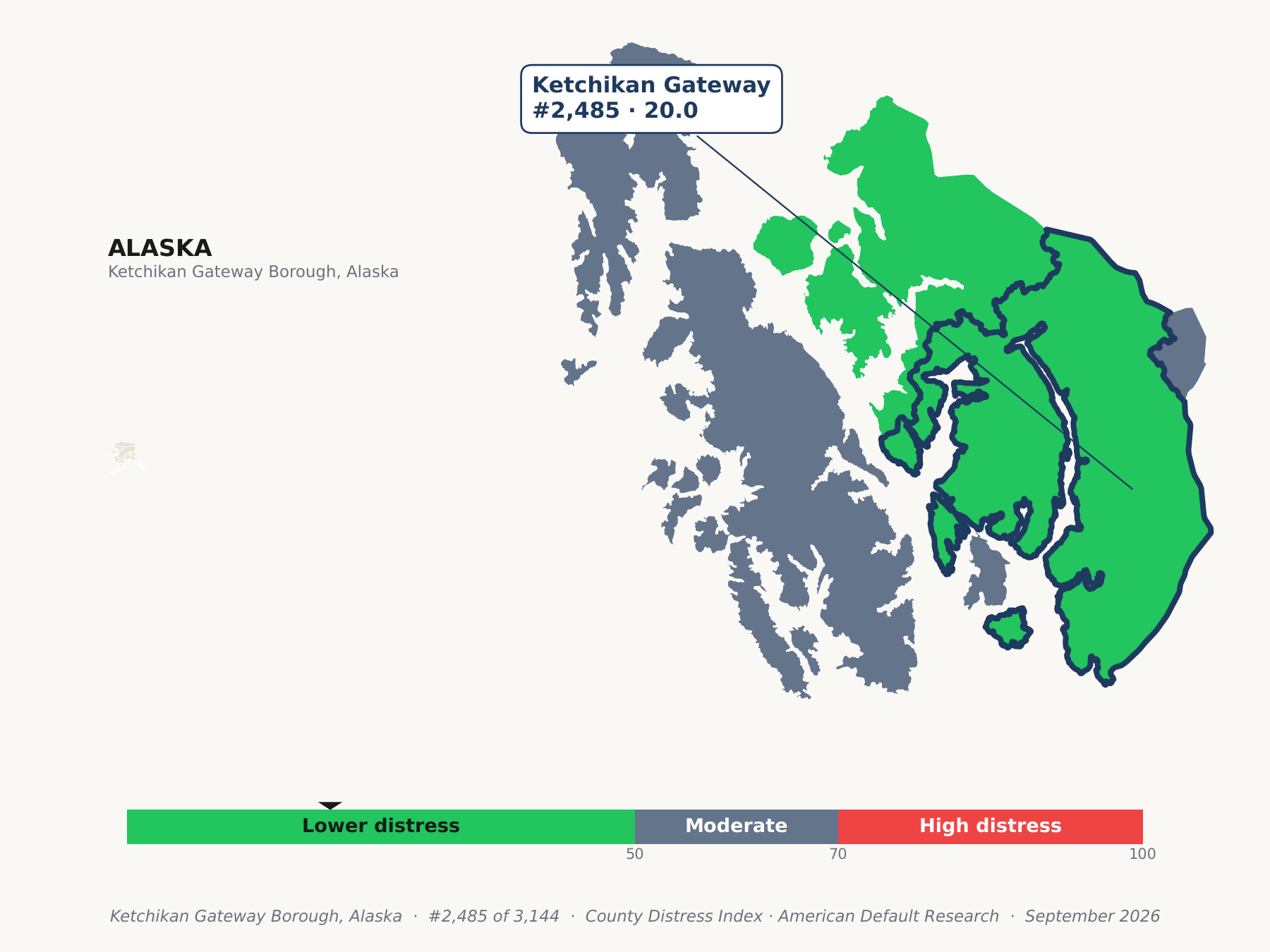 County Distress Index cluster map. Ketchikan Gateway Borough, Alaska and its neighbors colored by county distress score label.