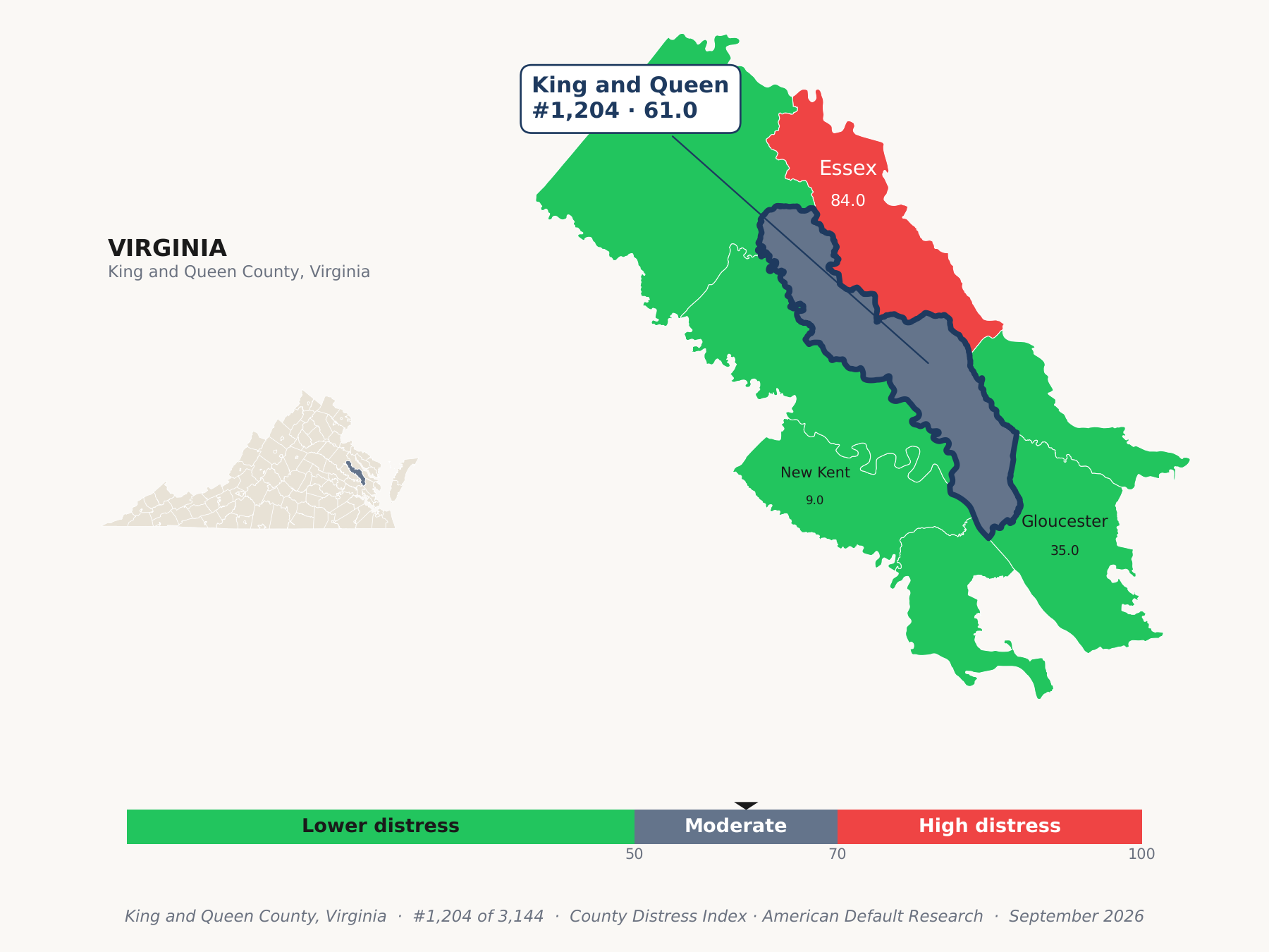 County Distress Index cluster map. King and Queen County, Virginia and its neighbors colored by county distress score label.
