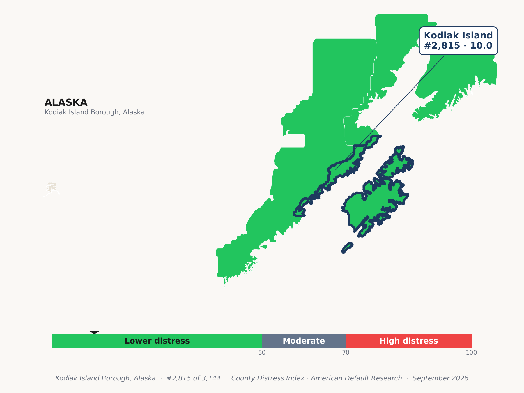 County Distress Index cluster map. Kodiak Island Borough, Alaska and its neighbors colored by county distress score label.