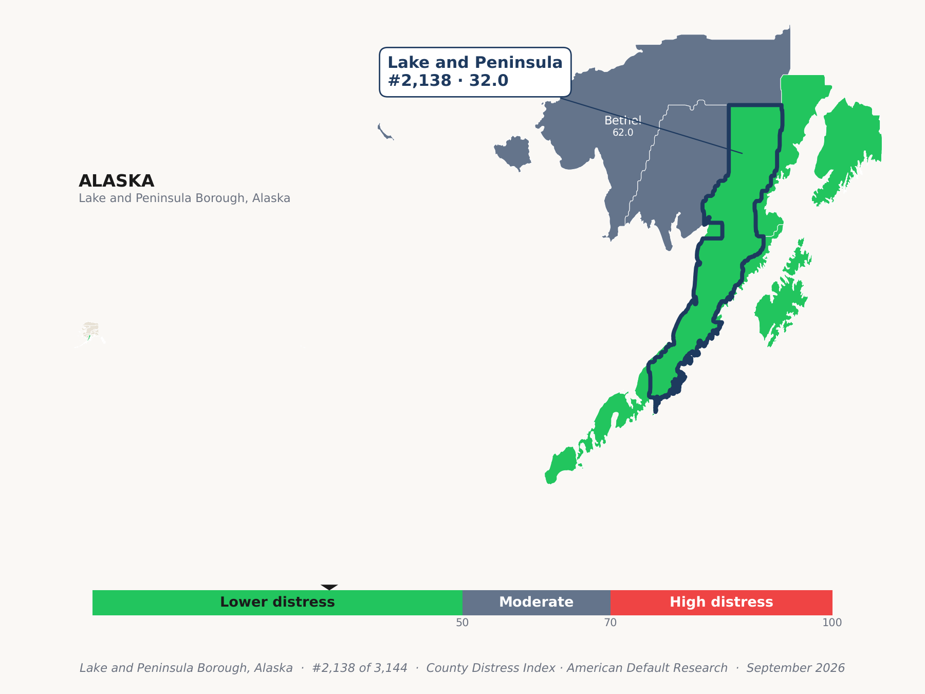 County Distress Index cluster map. Lake and Peninsula Borough, Alaska and its neighbors colored by county distress score label.