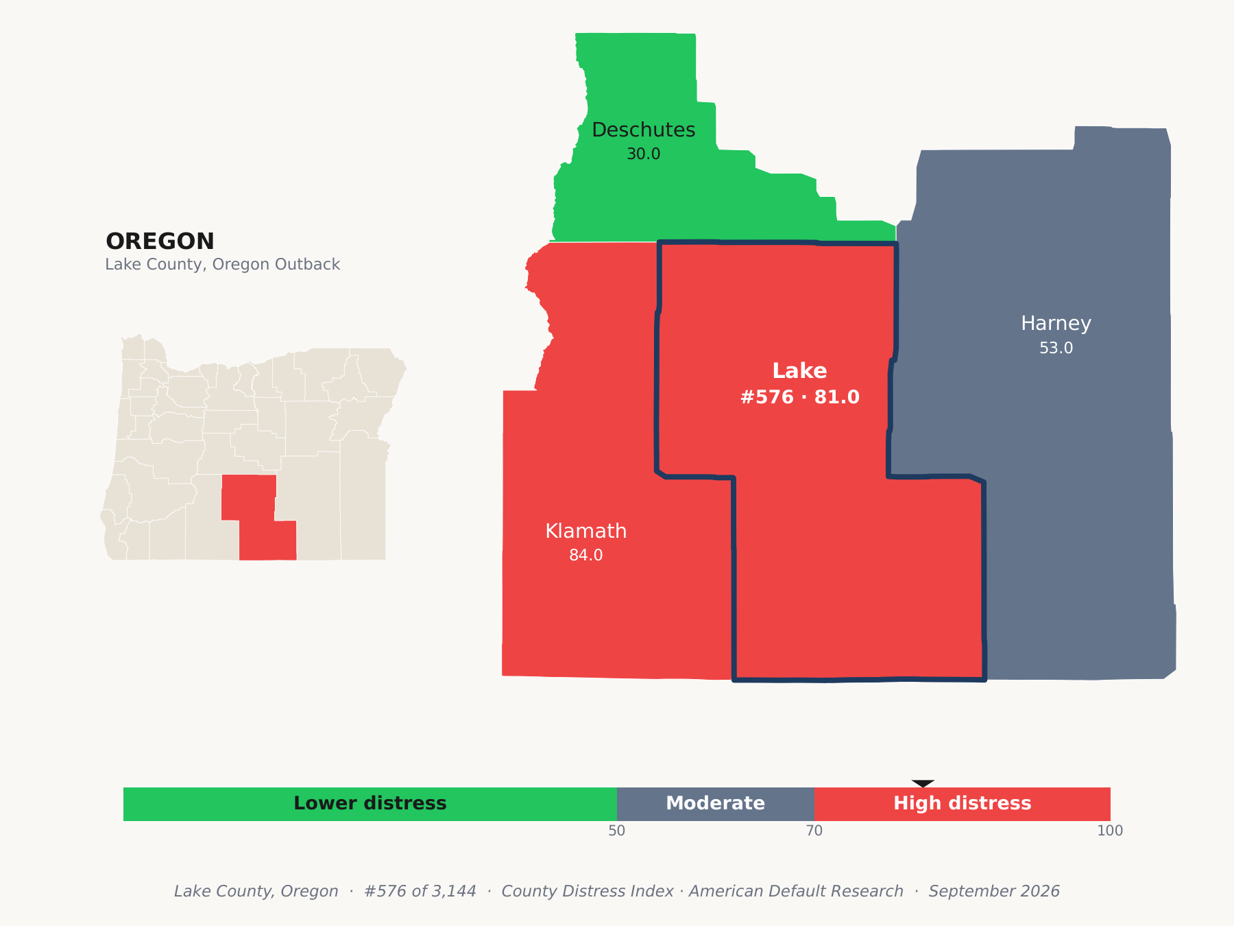 County Distress Index cluster map. Lake County, Oregon and its neighbors colored by county distress score label.