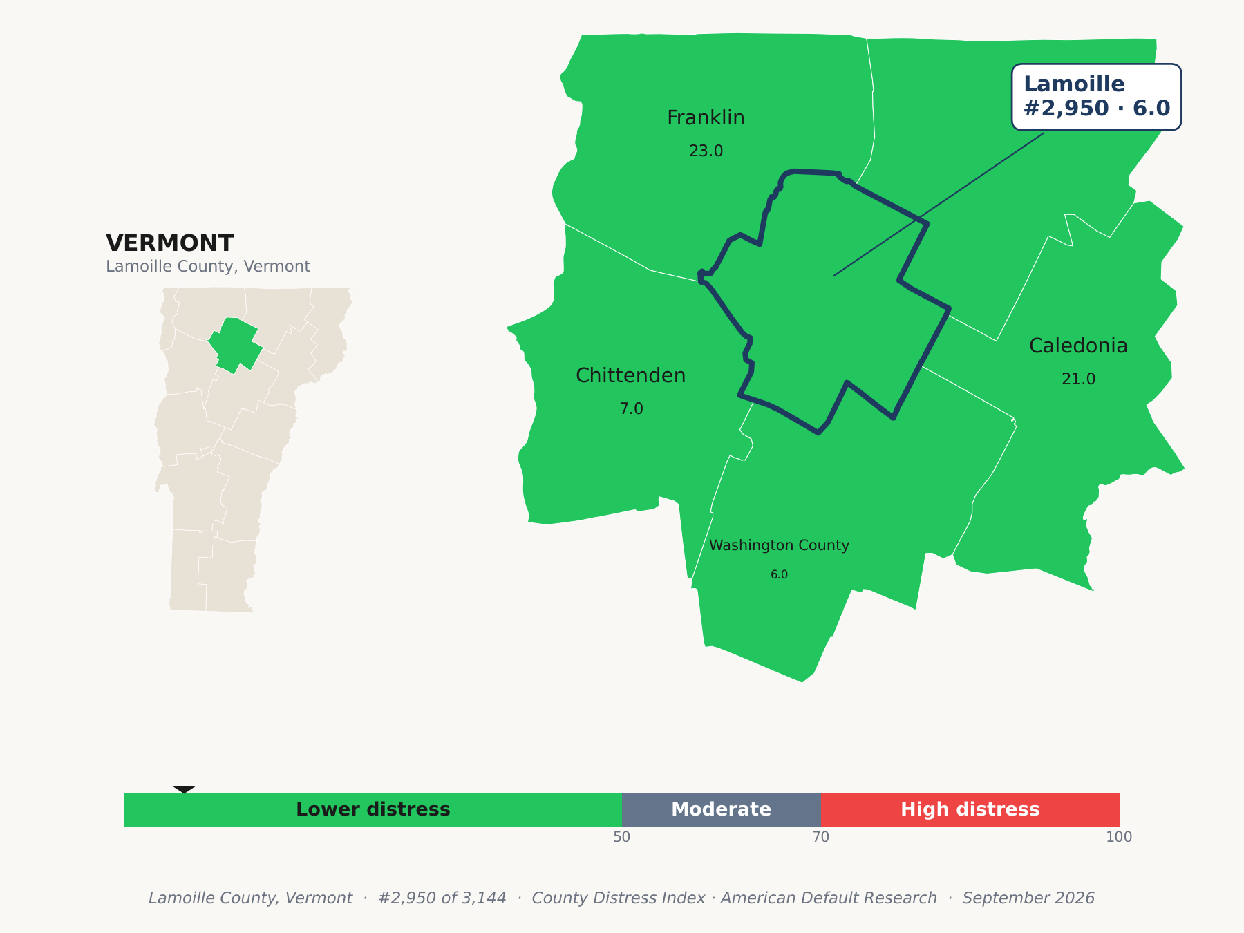 County Distress Index cluster map. Lamoille County, Vermont and its neighbors colored by county distress score label.