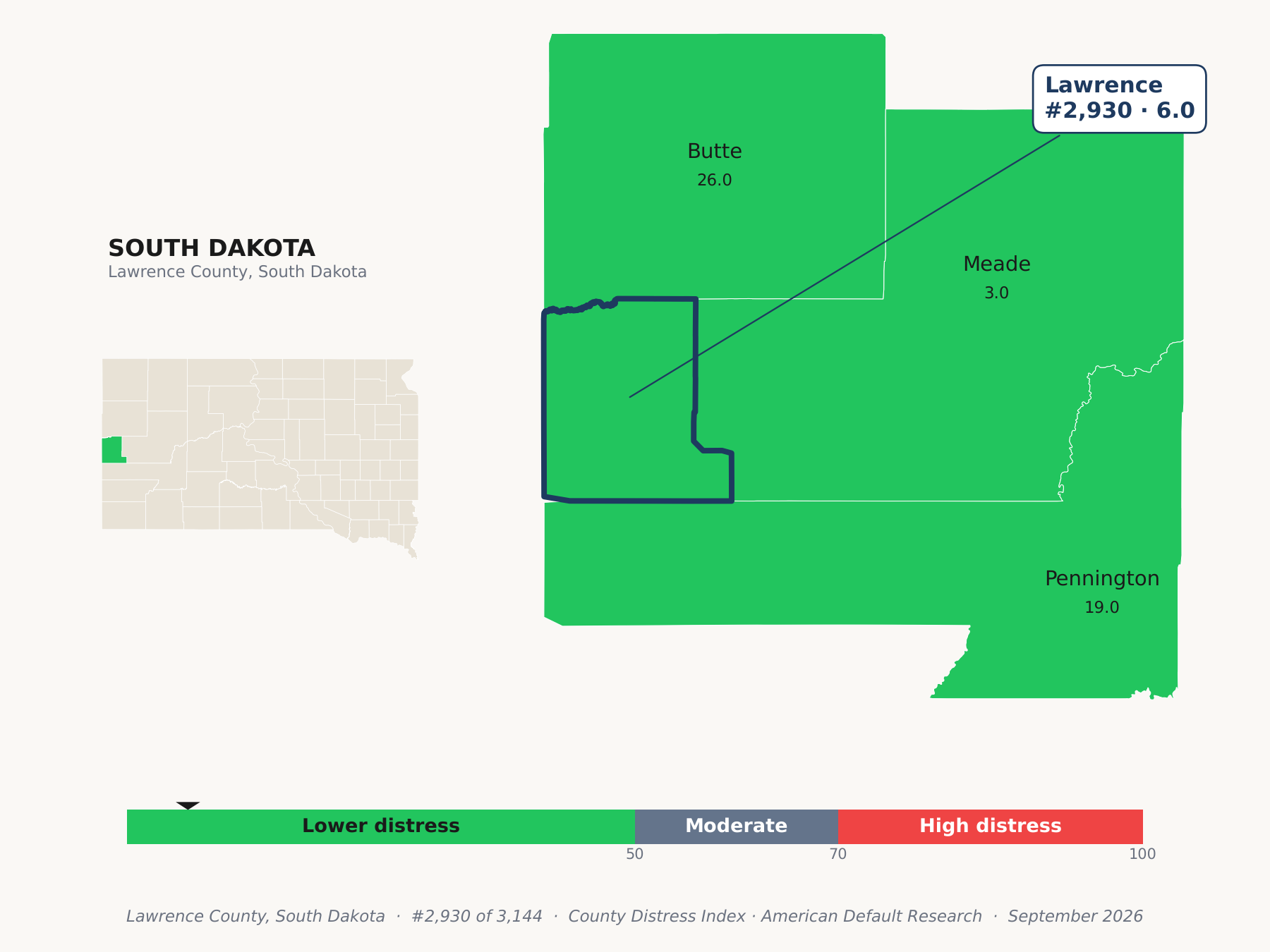 County Distress Index cluster map. Lawrence County, South Dakota and its neighbors colored by county distress score label.