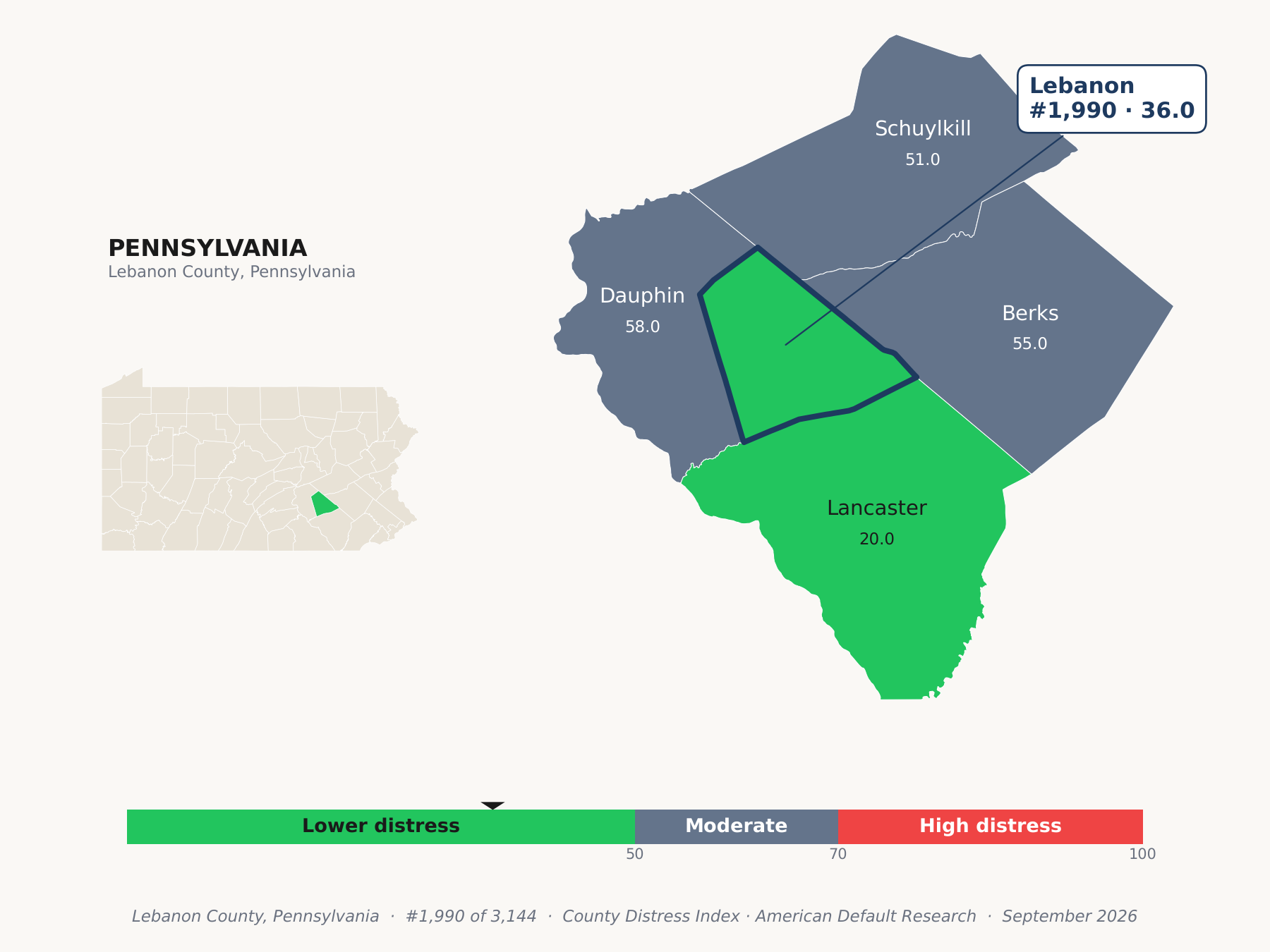 County Distress Index cluster map. Lebanon County, Pennsylvania and its neighbors colored by county distress score label.