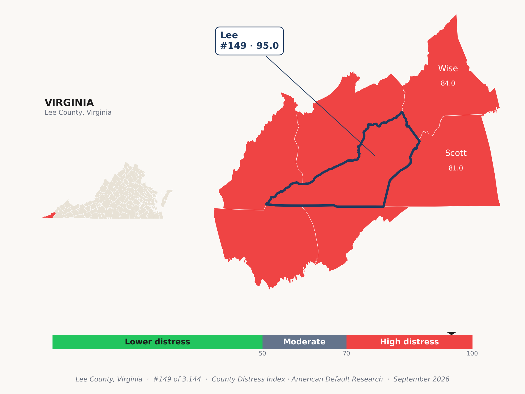 County Distress Index cluster map. Lee County, Virginia and its neighbors colored by county distress score label.