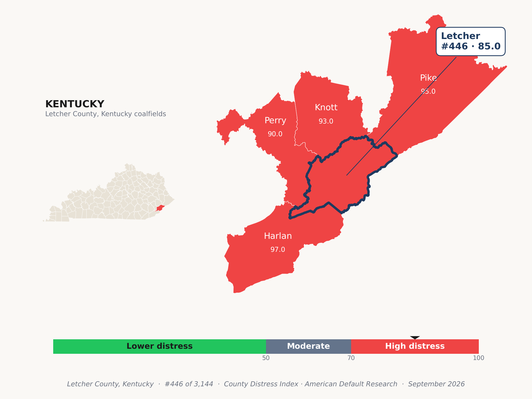 County Distress Index cluster map. Letcher County, Kentucky and its neighbors colored by county distress score label.
