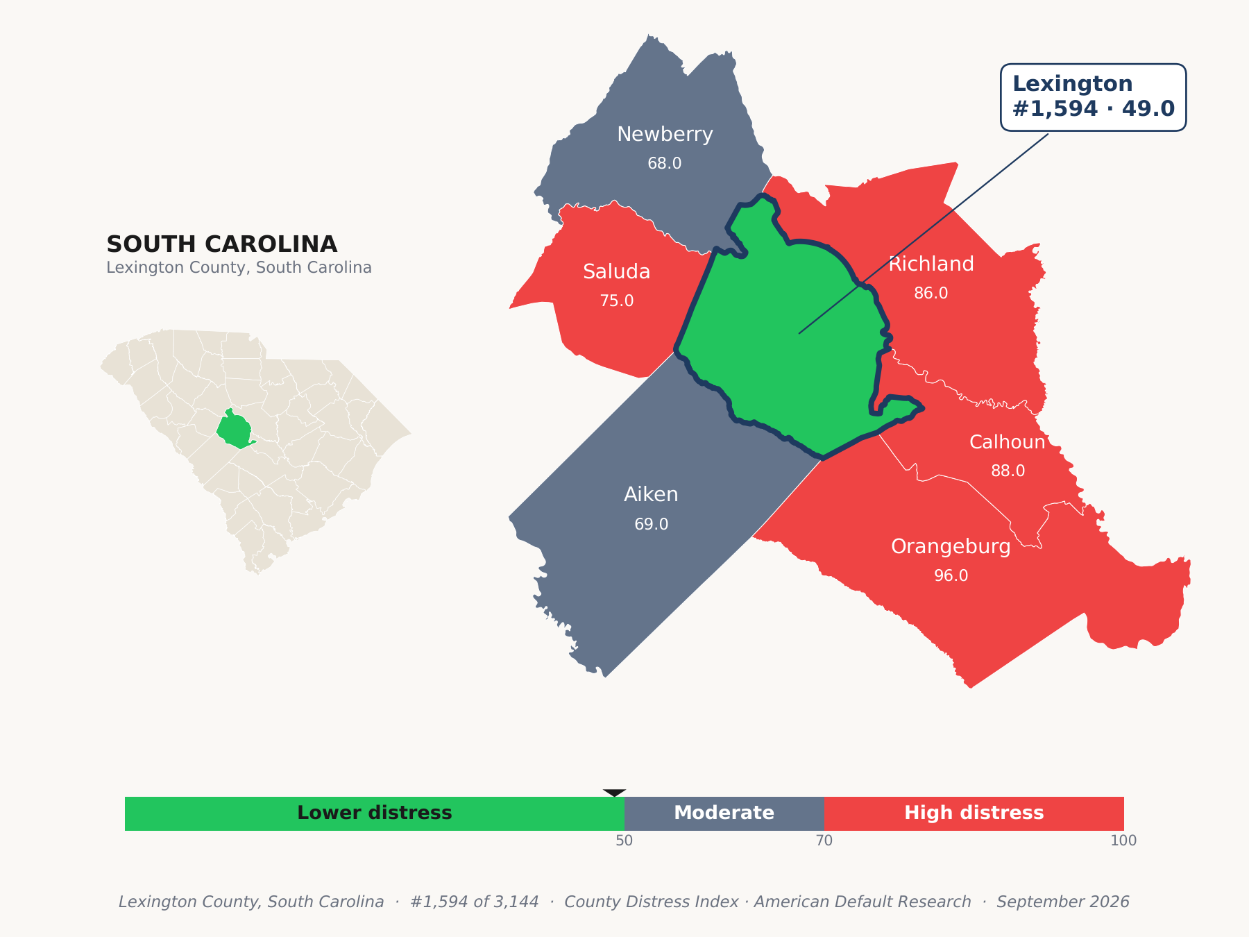 County Distress Index cluster map. Lexington County, South Carolina and its neighbors colored by county distress score label.