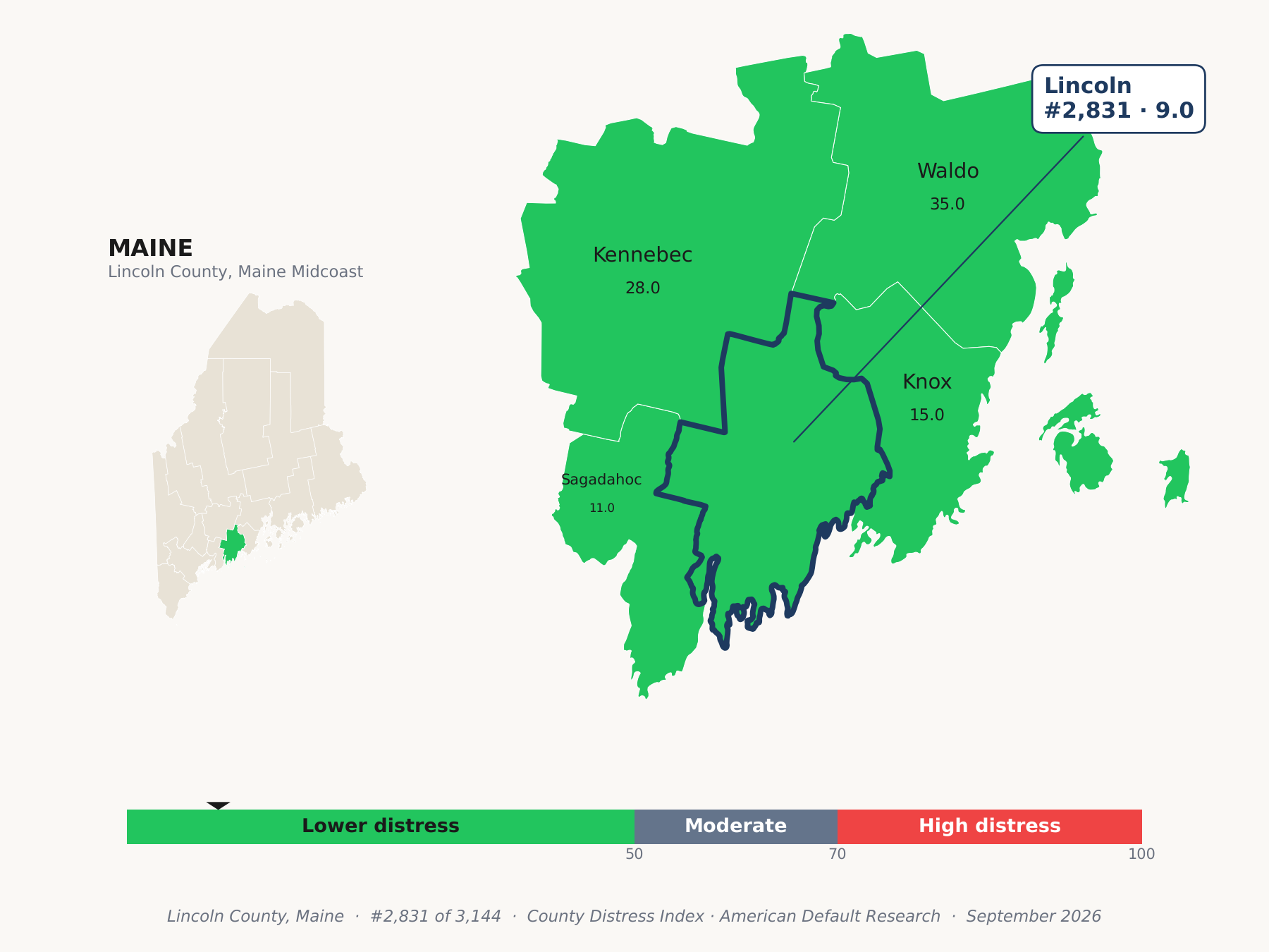 County Distress Index cluster map. Lincoln County, Maine and its neighbors colored by county distress score label.