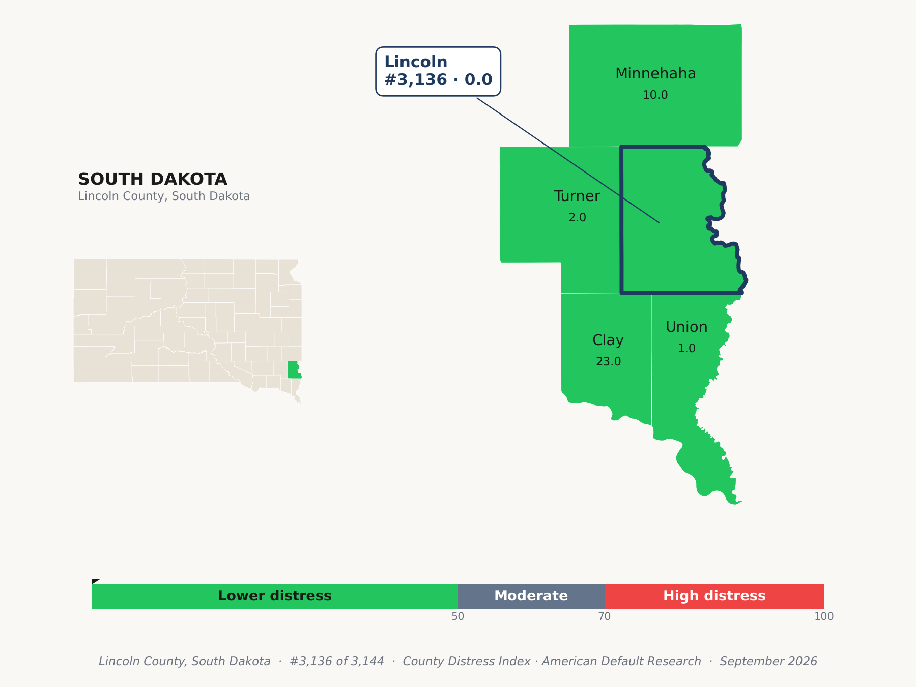 County Distress Index cluster map. Lincoln County, South Dakota and its neighbors colored by county distress score label.