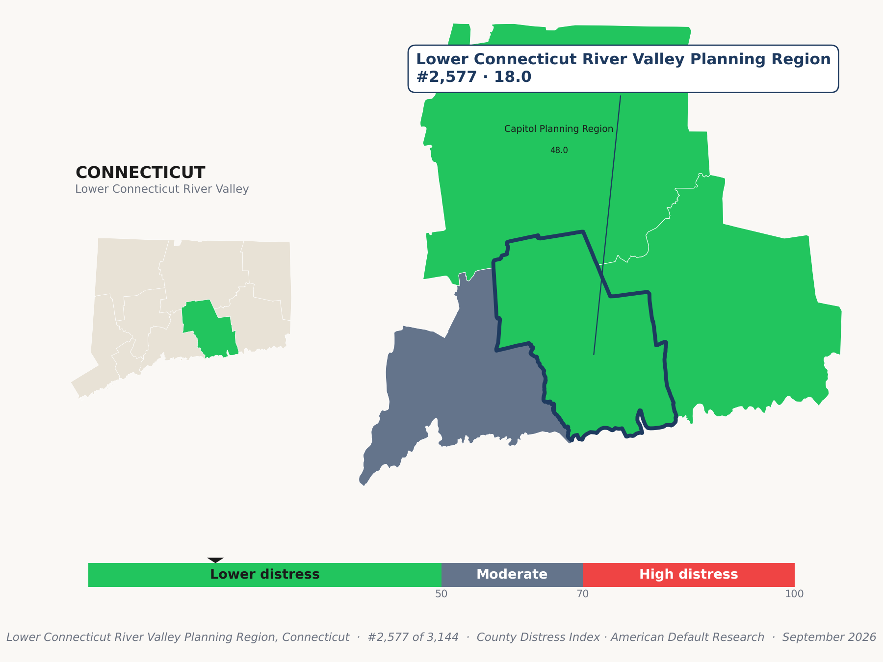 County Distress Index cluster map. Lower Connecticut River Valley Planning Region, Connecticut and its neighbors colored by county distress score label.
