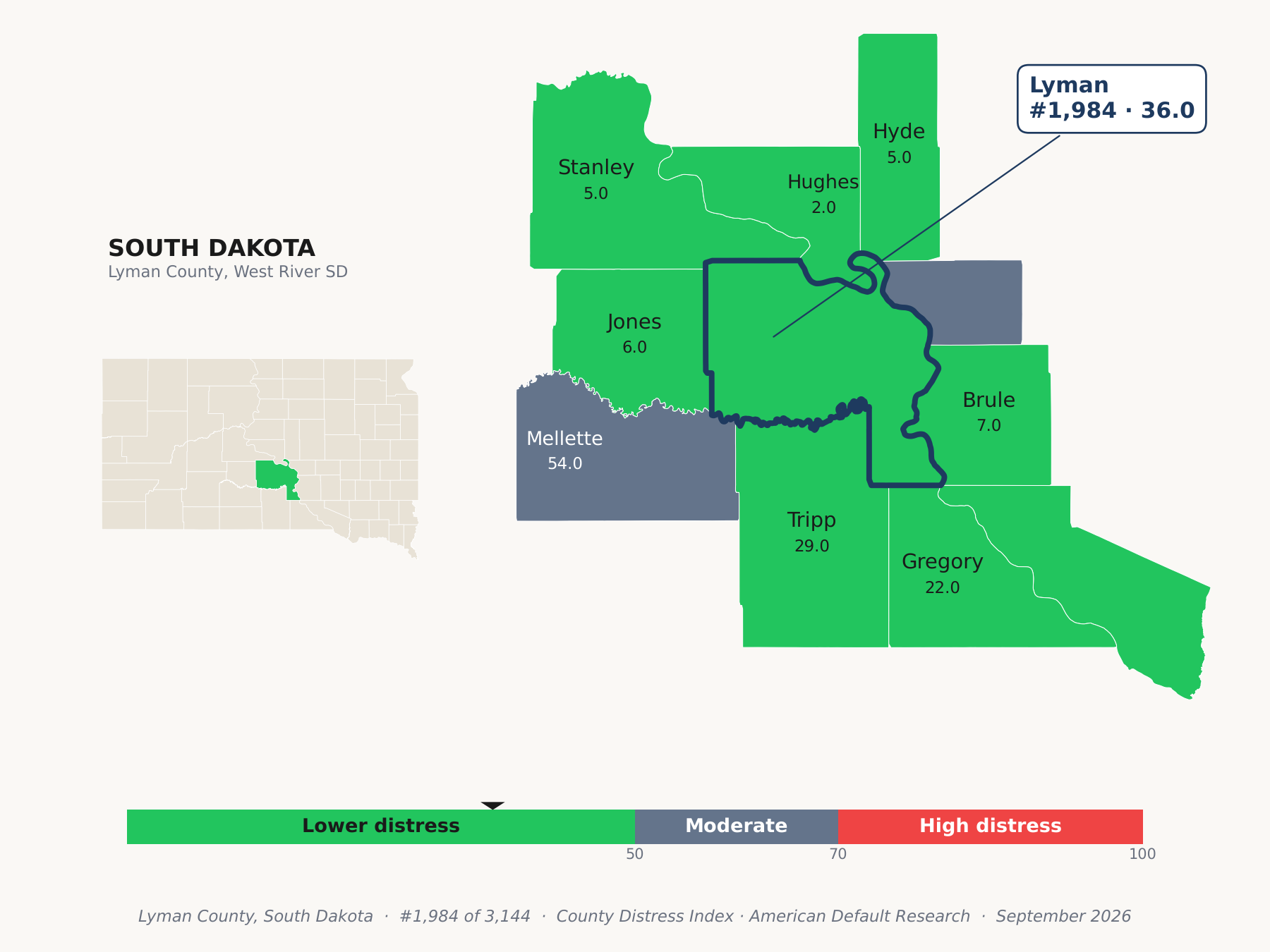 County Distress Index cluster map. Lyman County, South Dakota and its neighbors colored by county distress score label.