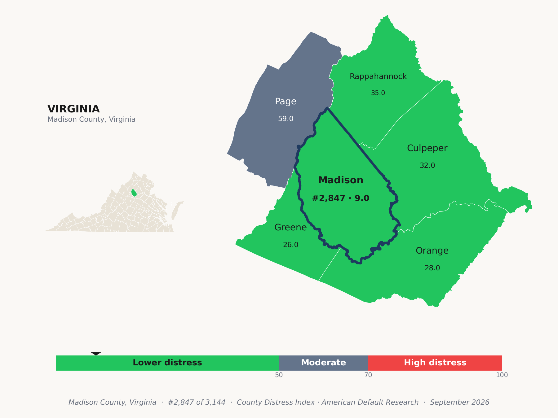 County Distress Index cluster map. Madison County, Virginia and its neighbors colored by county distress score label.