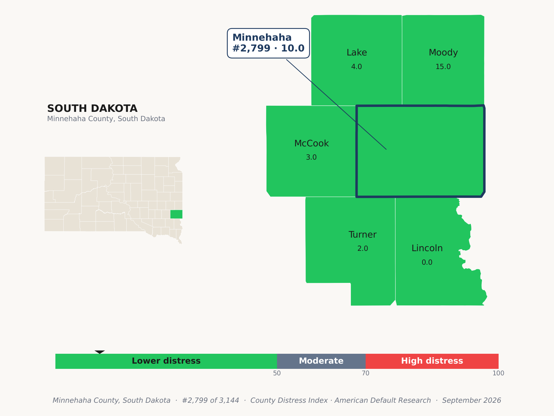 County Distress Index cluster map. Minnehaha County, South Dakota and its neighbors colored by county distress score label.