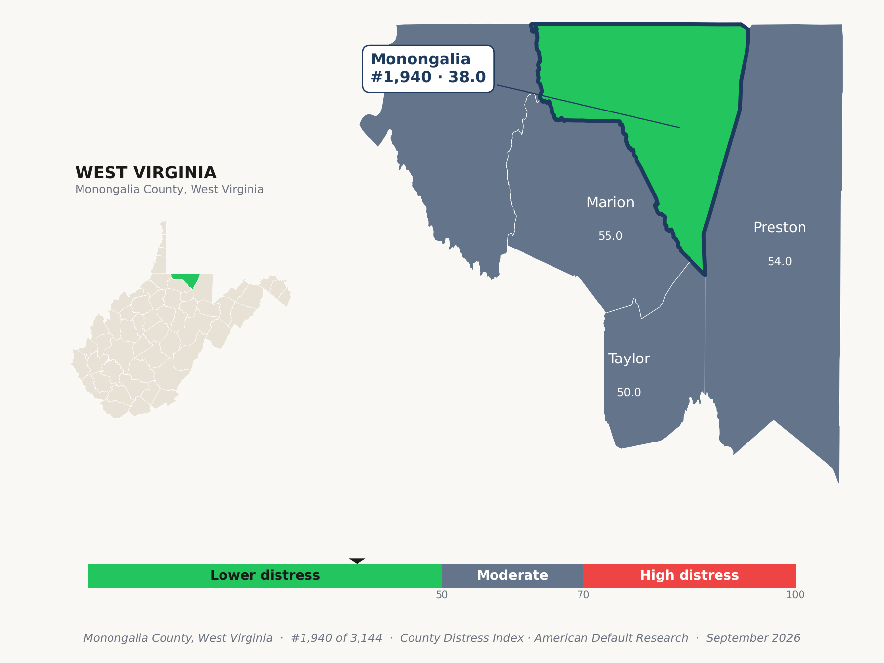 County Distress Index cluster map. Monongalia County, West Virginia and its neighbors colored by county distress score label.