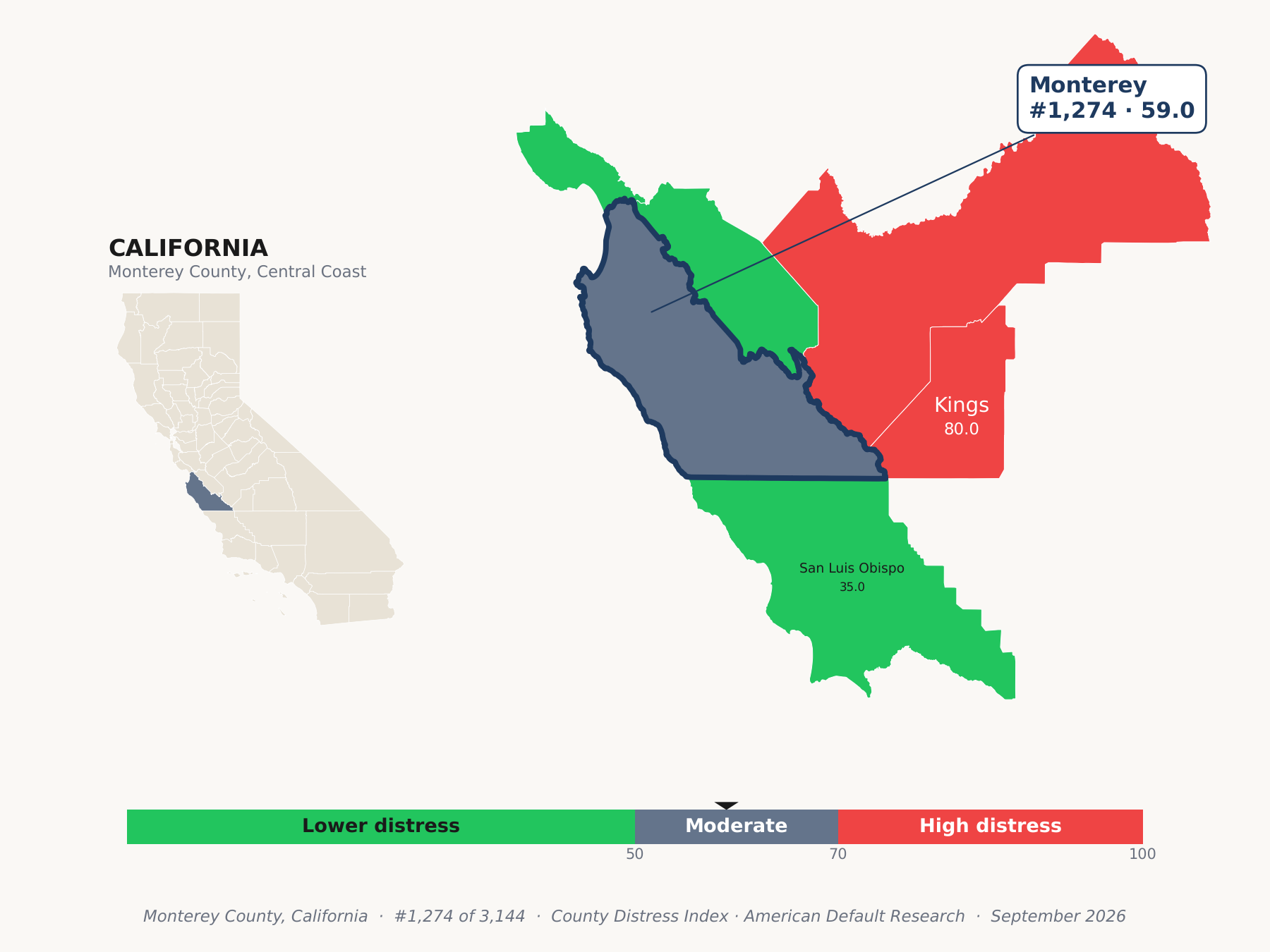 County Distress Index cluster map. Monterey County, California and its neighbors colored by county distress score label.