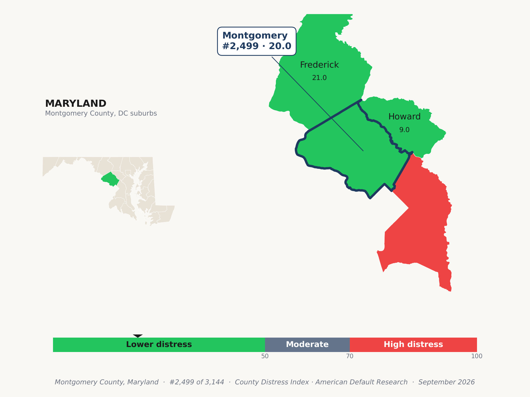 County Distress Index cluster map. Montgomery County, Maryland and its neighbors colored by county distress score label.