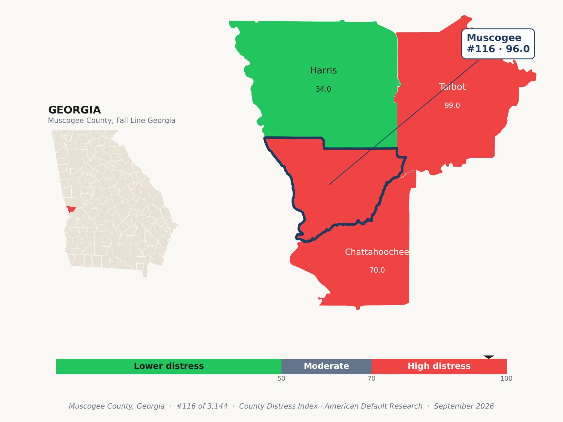 County Distress Index cluster map. Muscogee County, Georgia and its neighbors colored by county distress score label.