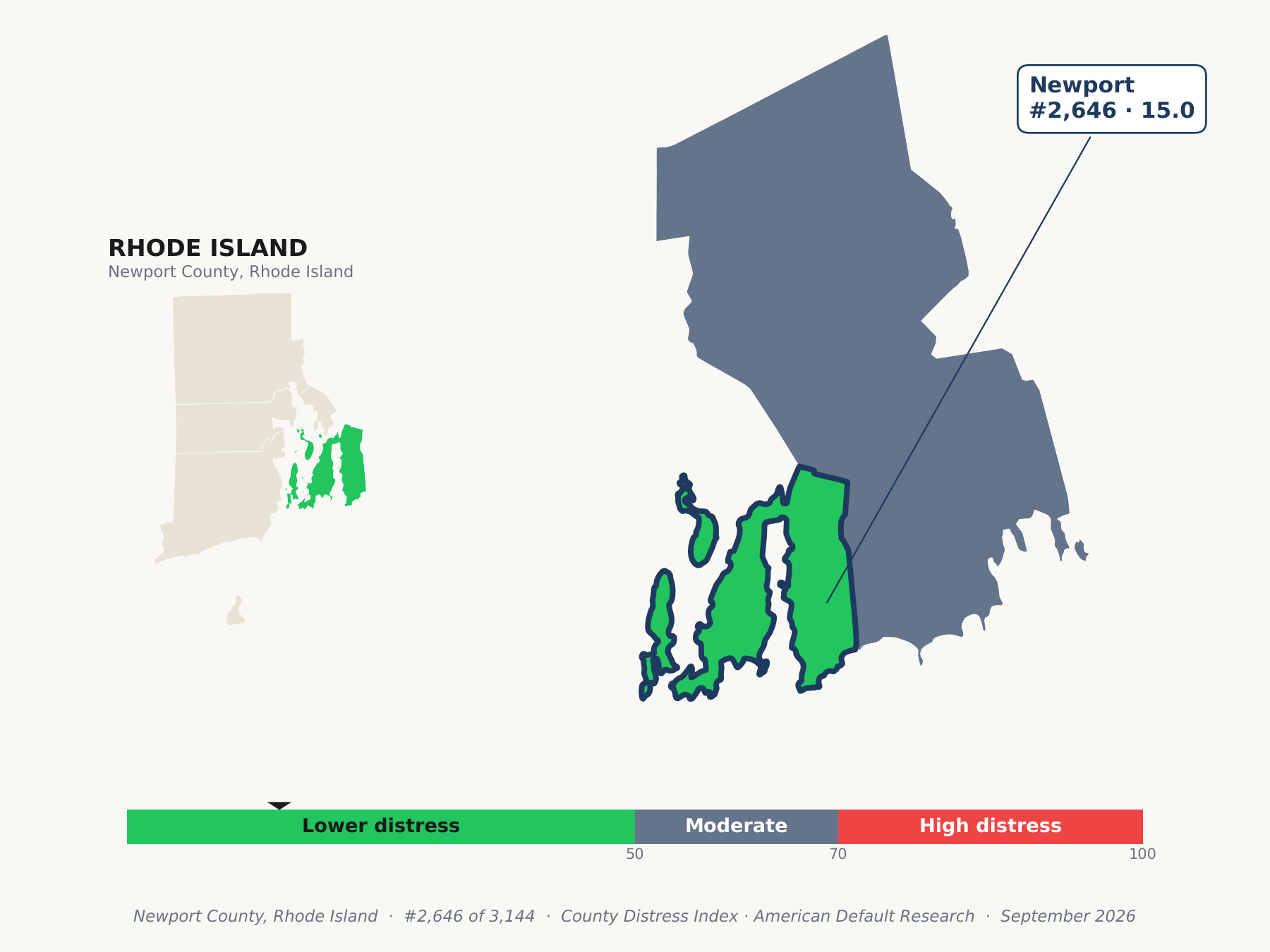 County Distress Index cluster map. Newport County, Rhode Island and its neighbors colored by county distress score label.