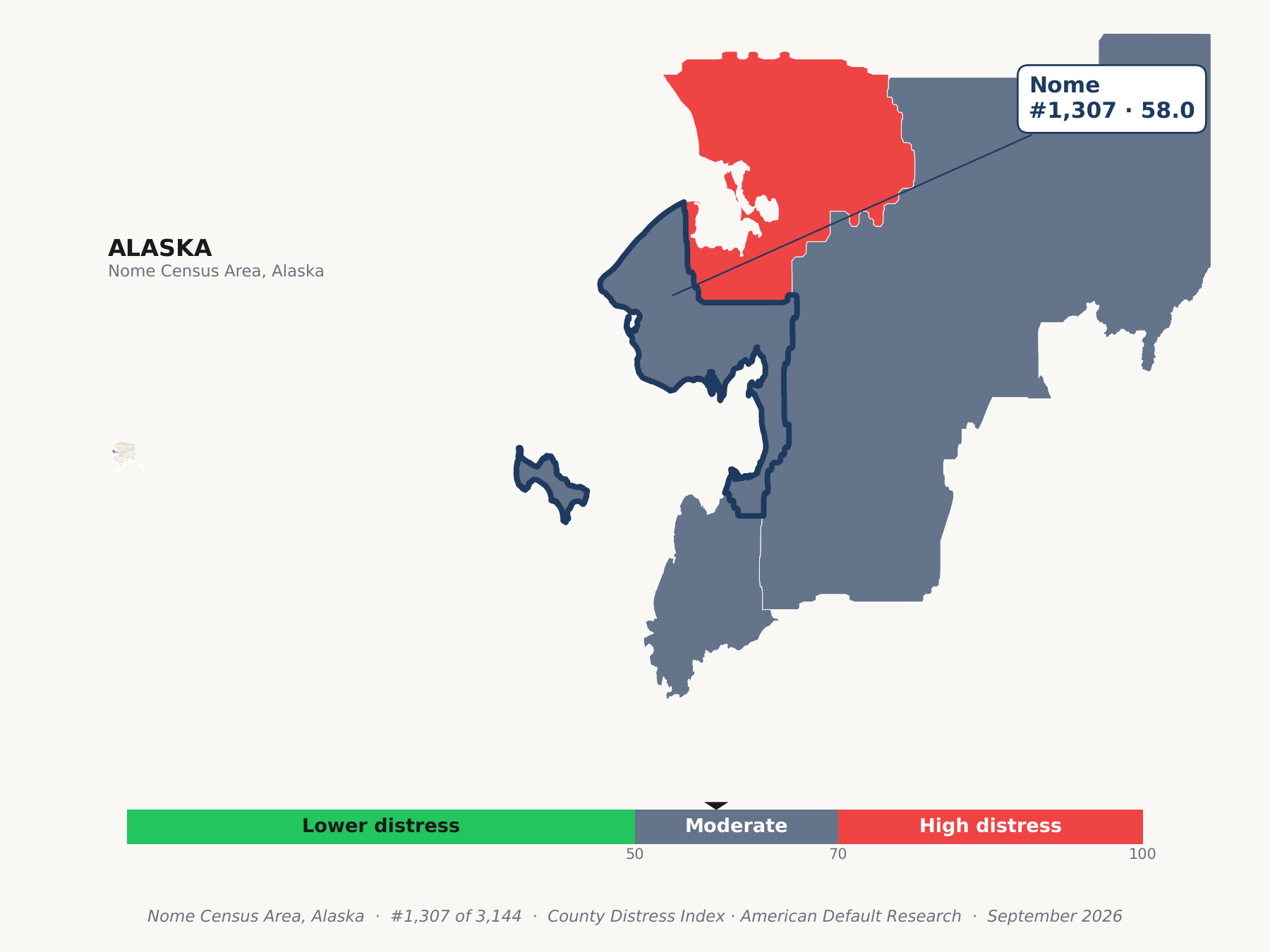 County Distress Index cluster map. Nome Census Area, Alaska and its neighbors colored by county distress score label.