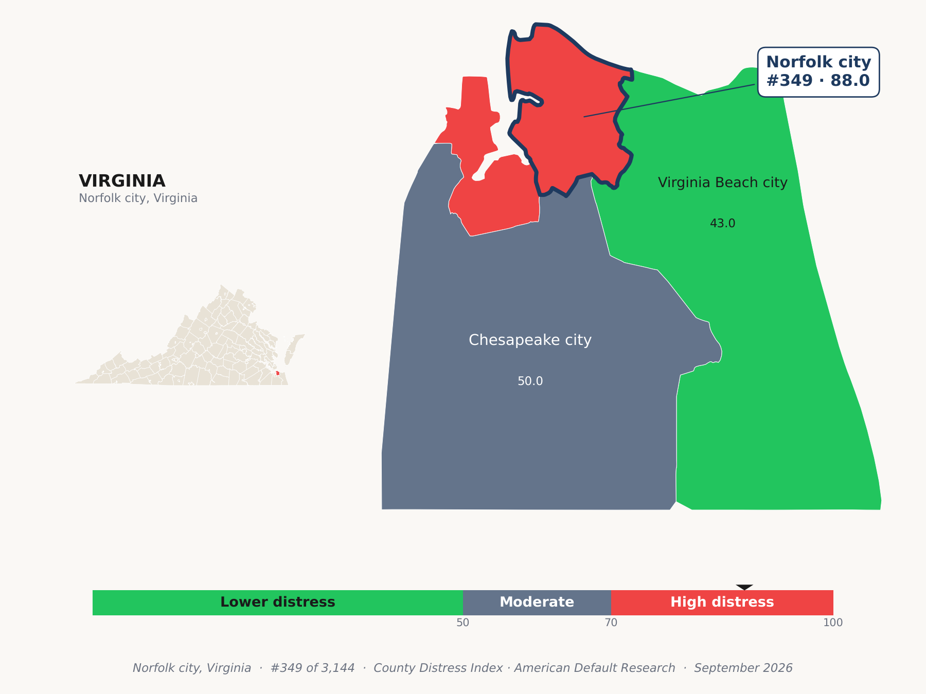 County Distress Index cluster map. Norfolk city, Virginia and its neighbors colored by county distress score label.
