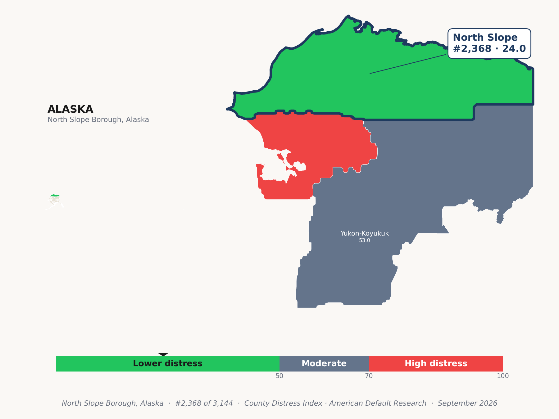 County Distress Index cluster map. North Slope Borough, Alaska and its neighbors colored by county distress score label.