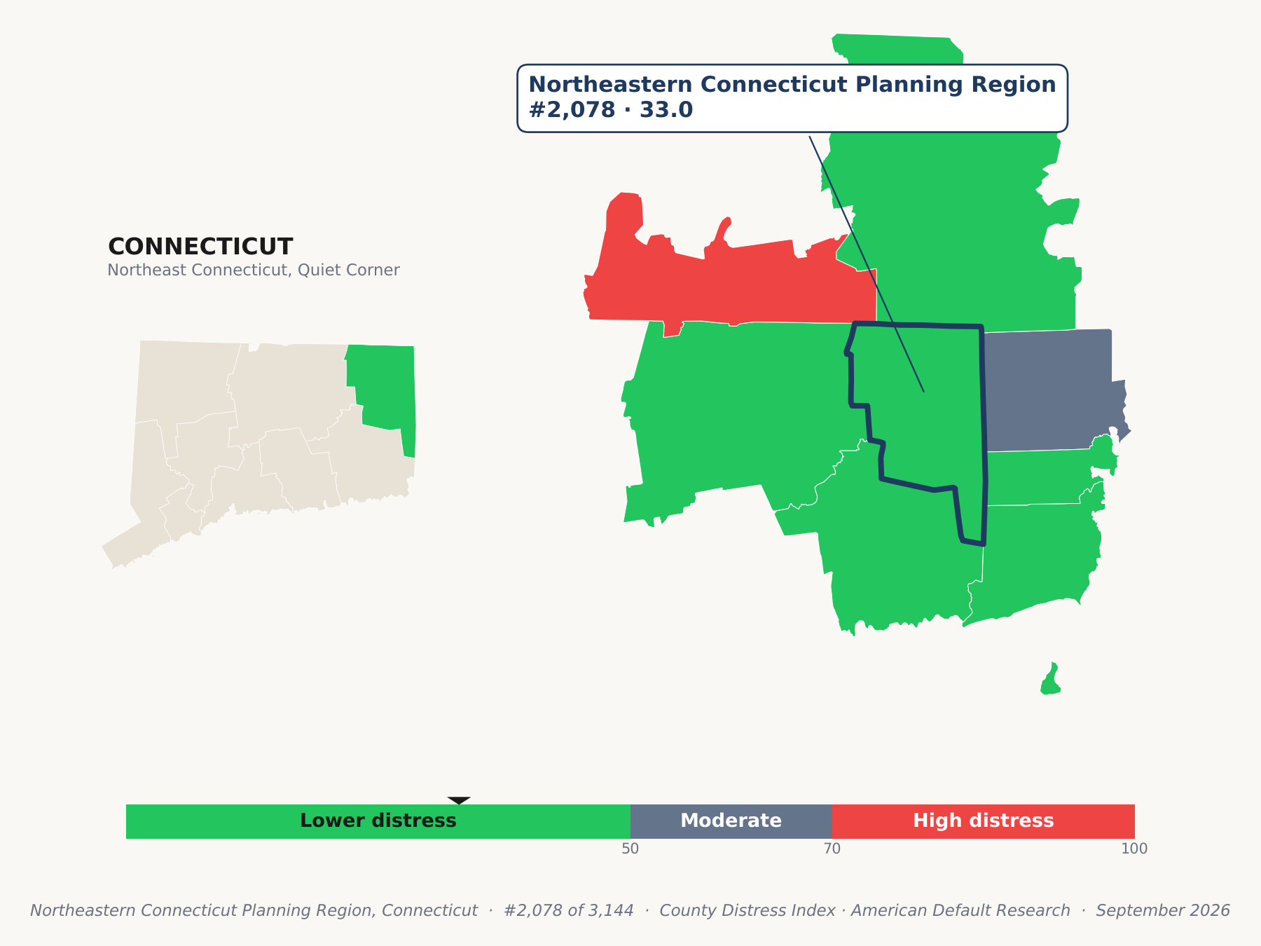 County Distress Index cluster map. Northeastern Connecticut Planning Region, Connecticut and its neighbors colored by county distress score label.