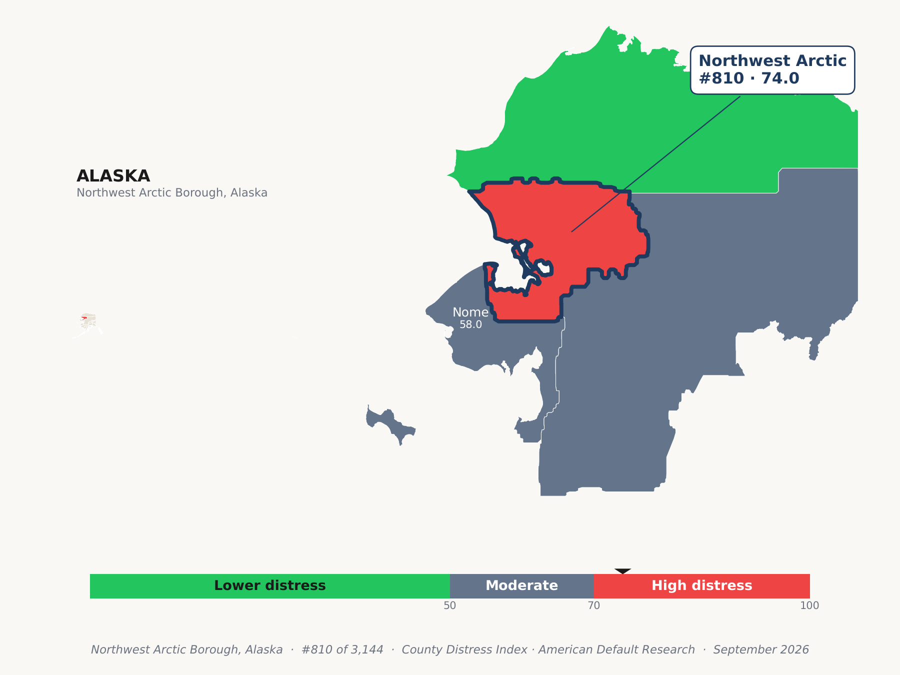 County Distress Index cluster map. Northwest Arctic Borough, Alaska and its neighbors colored by county distress score label.