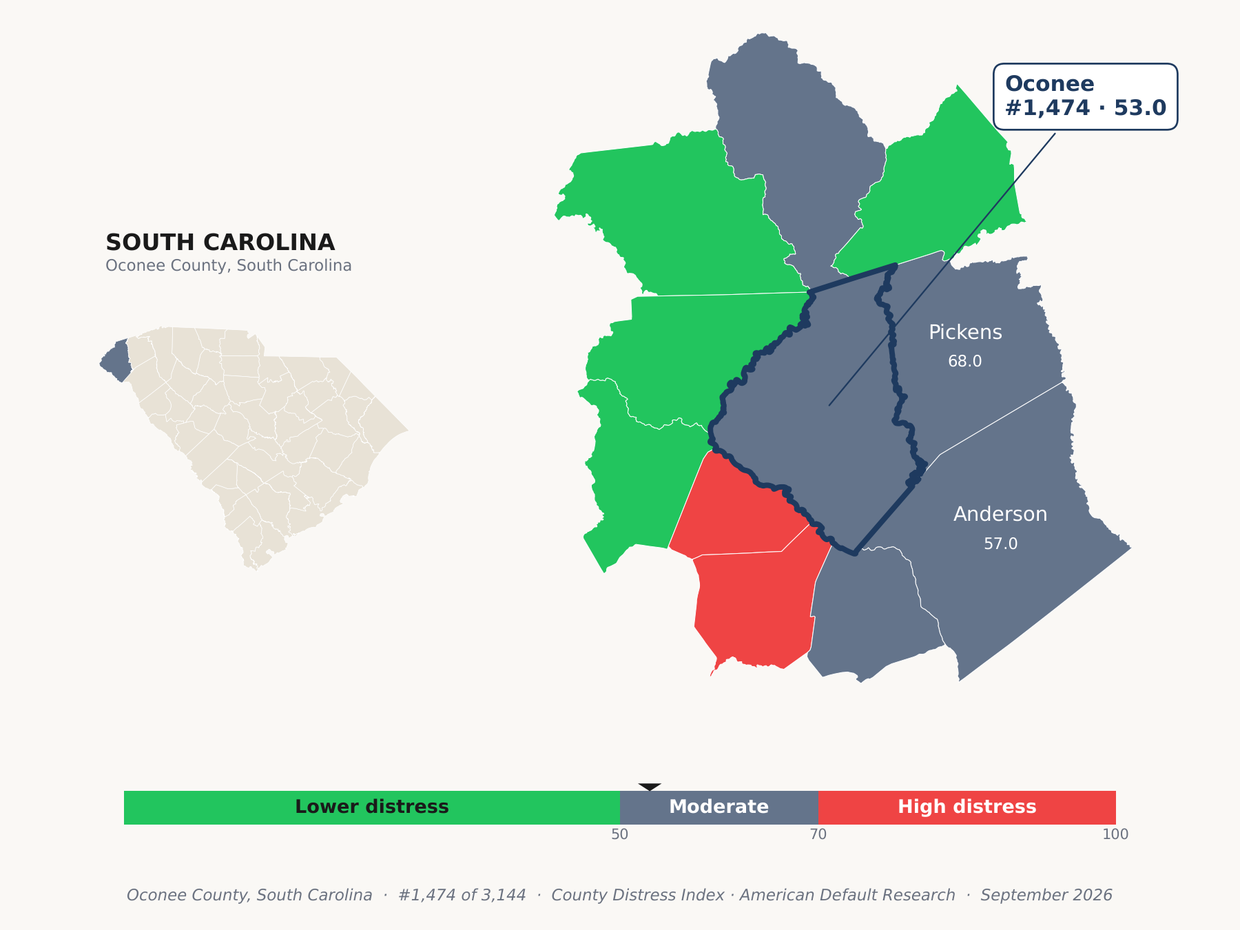 County Distress Index cluster map. Oconee County, South Carolina and its neighbors colored by county distress score label.