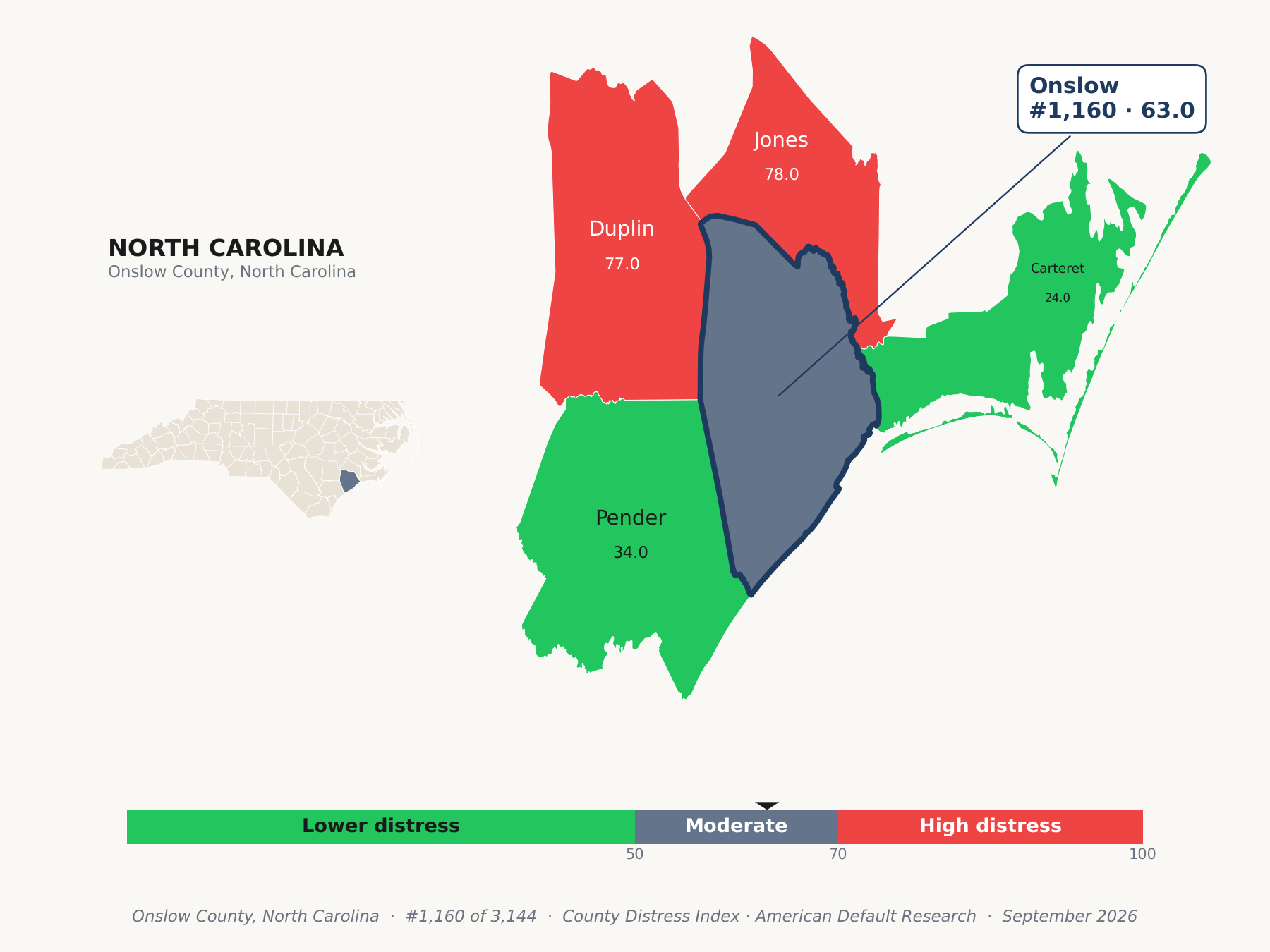 County Distress Index cluster map. Onslow County, North Carolina and its neighbors colored by county distress score label.